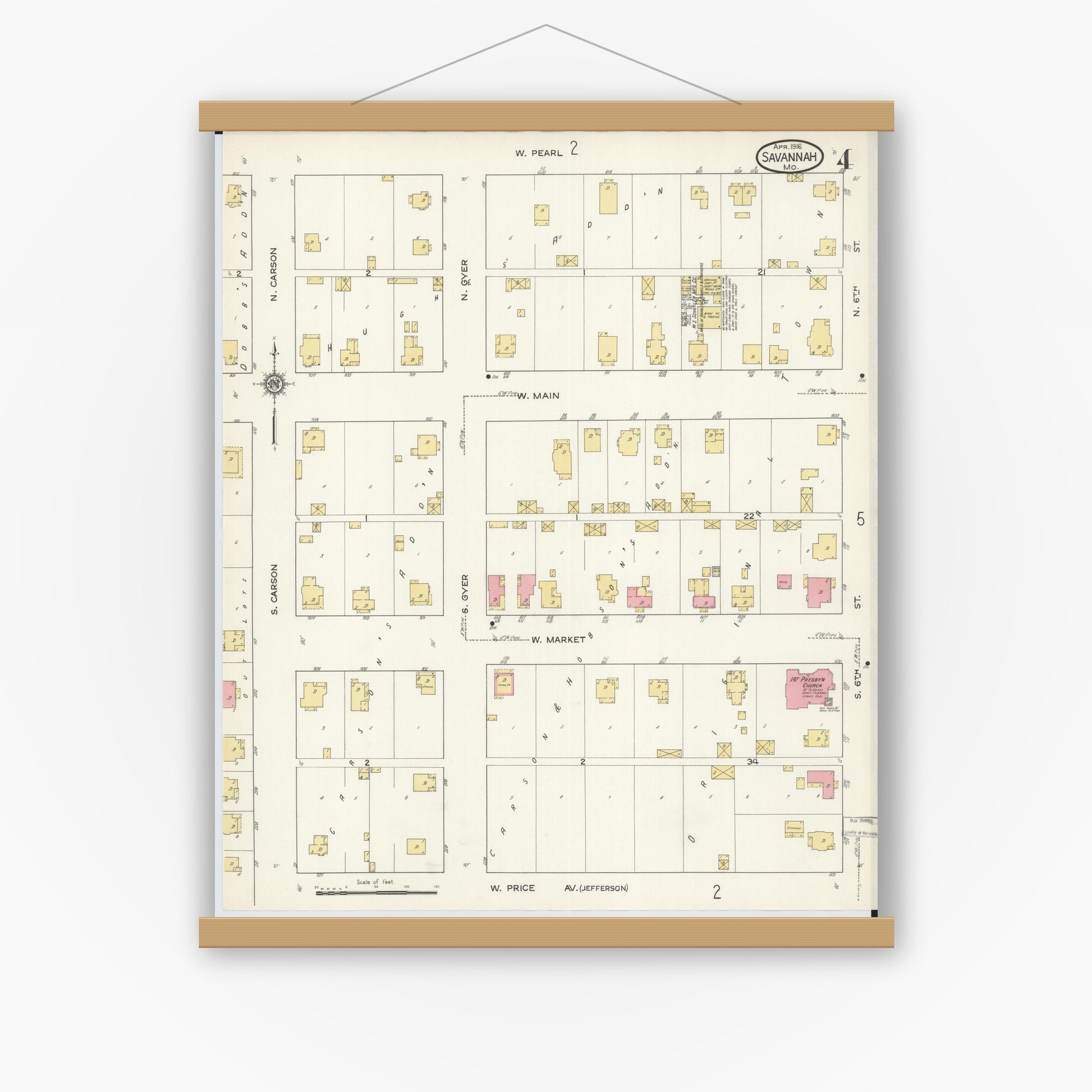 Old map wall art mockup — magnetic wood frame on white wall — Sanborn Fire Insurance Map from Savannah, Andrew County, Missouri (1916), Sheet #0004