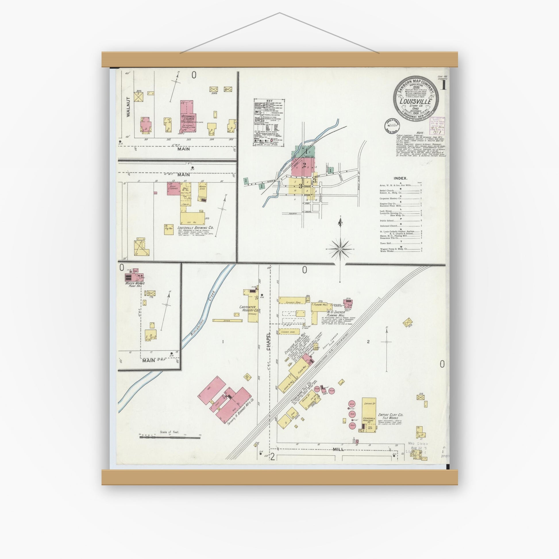 Old map wall art mockup — magnetic wood frame on white wall — Sanborn Fire Insurance Map from Louisville, Stark County, Ohio (1901) - Complete Map Set