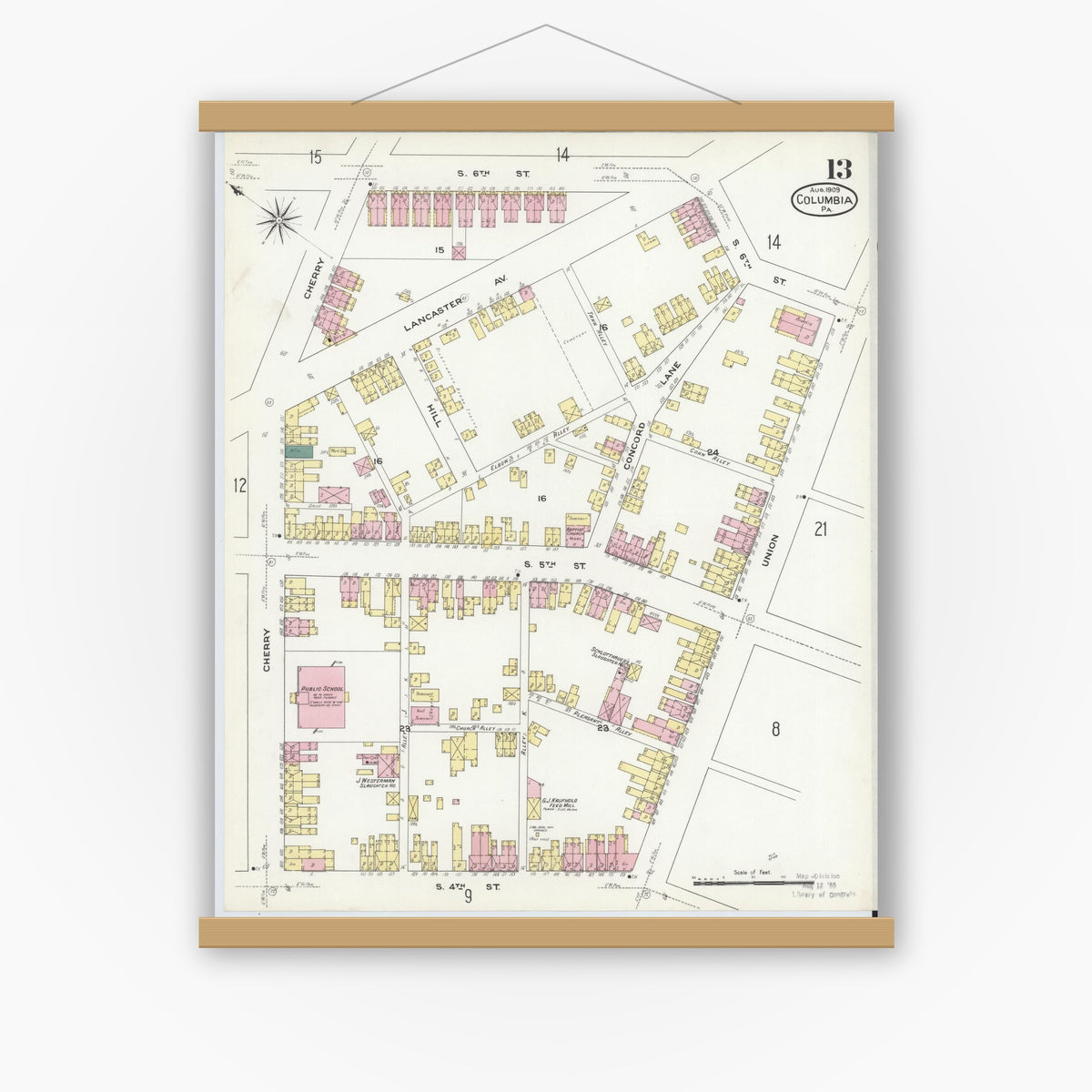 Old map wall art mockup — magnetic wood frame on white wall — Sanborn Fire Insurance Map from Columbia, Lancaster County, Pennsylvania (1909), Sheet #0013
