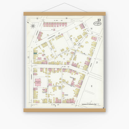 Old map wall art mockup — magnetic wood frame on white wall — Sanborn Fire Insurance Map from Columbia, Lancaster County, Pennsylvania (1909), Sheet #0013