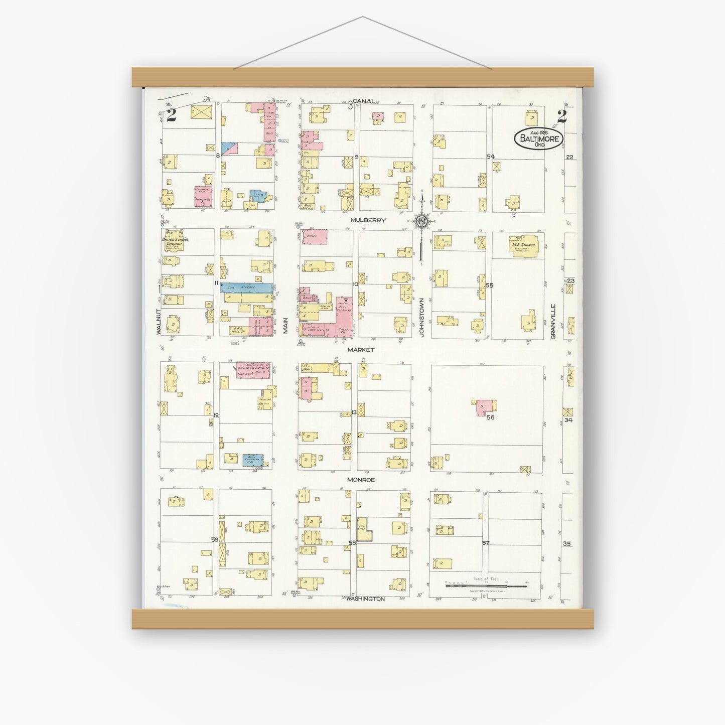 Old map wall art mockup — magnetic wood frame on white wall — Sanborn Fire Insurance Map from Baltimore, Fairfield County, Ohio (1926), Sheet #0002