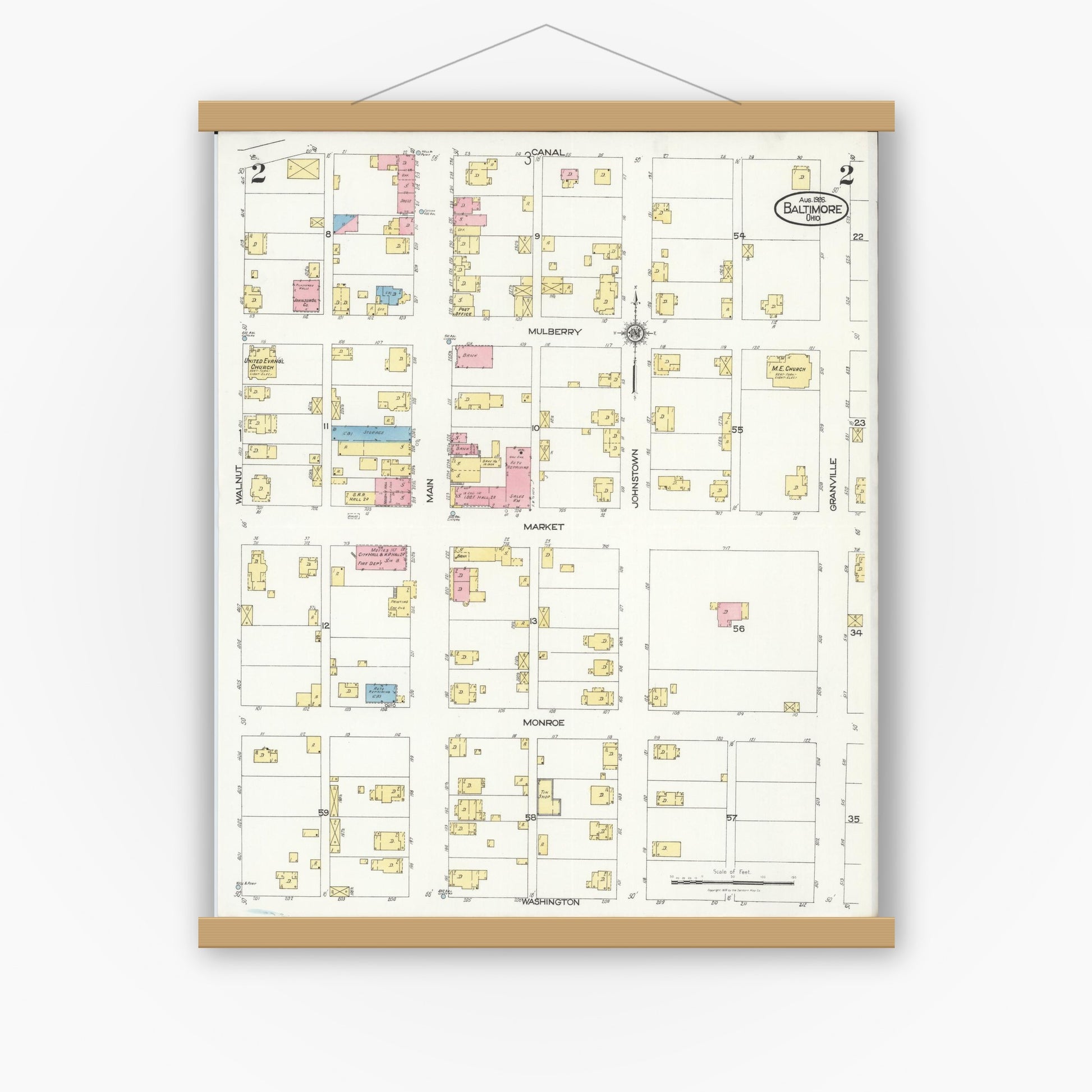Old map wall art mockup — magnetic wood frame on white wall — Sanborn Fire Insurance Map from Baltimore, Fairfield County, Ohio (1926), Sheet #0002