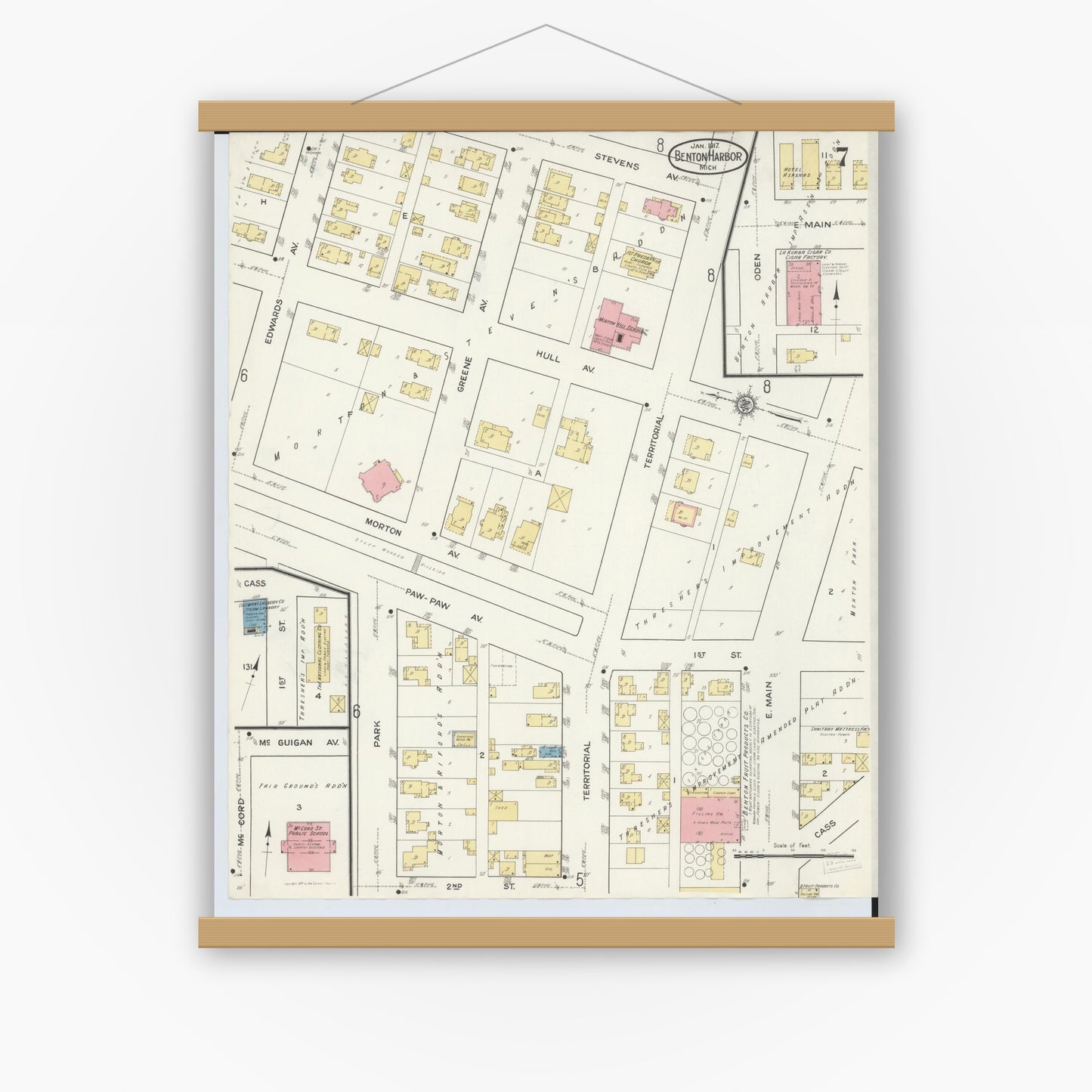 Old map wall art mockup — magnetic wood frame on white wall — Sanborn Fire Insurance Map from Benton Harbor, Berrien County, Michigan (1917), Sheet #0007