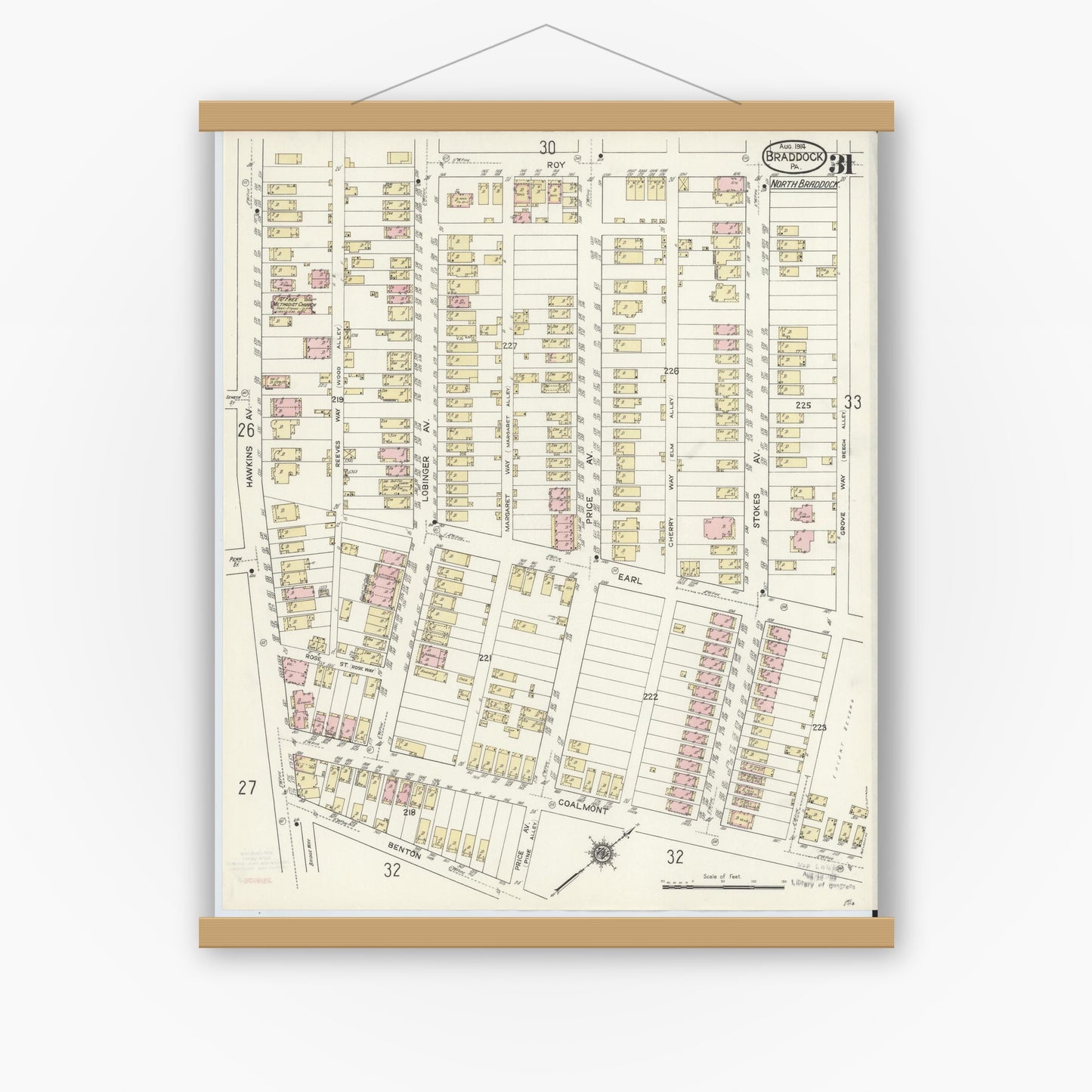 Old map wall art mockup — magnetic wood frame on white wall — Sanborn Fire Insurance Map from Braddock, Allegheny County, Pennsylvania (1914), Sheet #0031