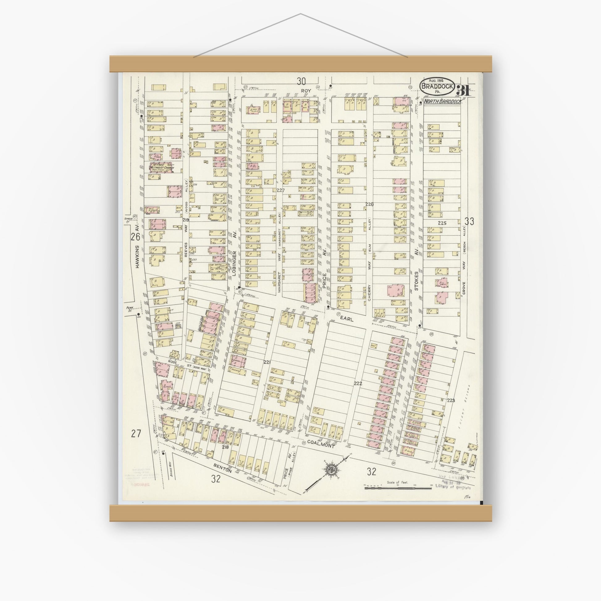 Old map wall art mockup — magnetic wood frame on white wall — Sanborn Fire Insurance Map from Braddock, Allegheny County, Pennsylvania (1914), Sheet #0031
