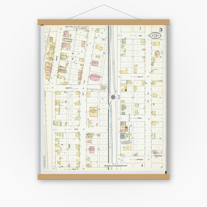 Old map wall art mockup — magnetic wood frame on white wall — Sanborn Fire Insurance Map from Alma, Buffalo County, Wisconsin (1910), Sheet #0003