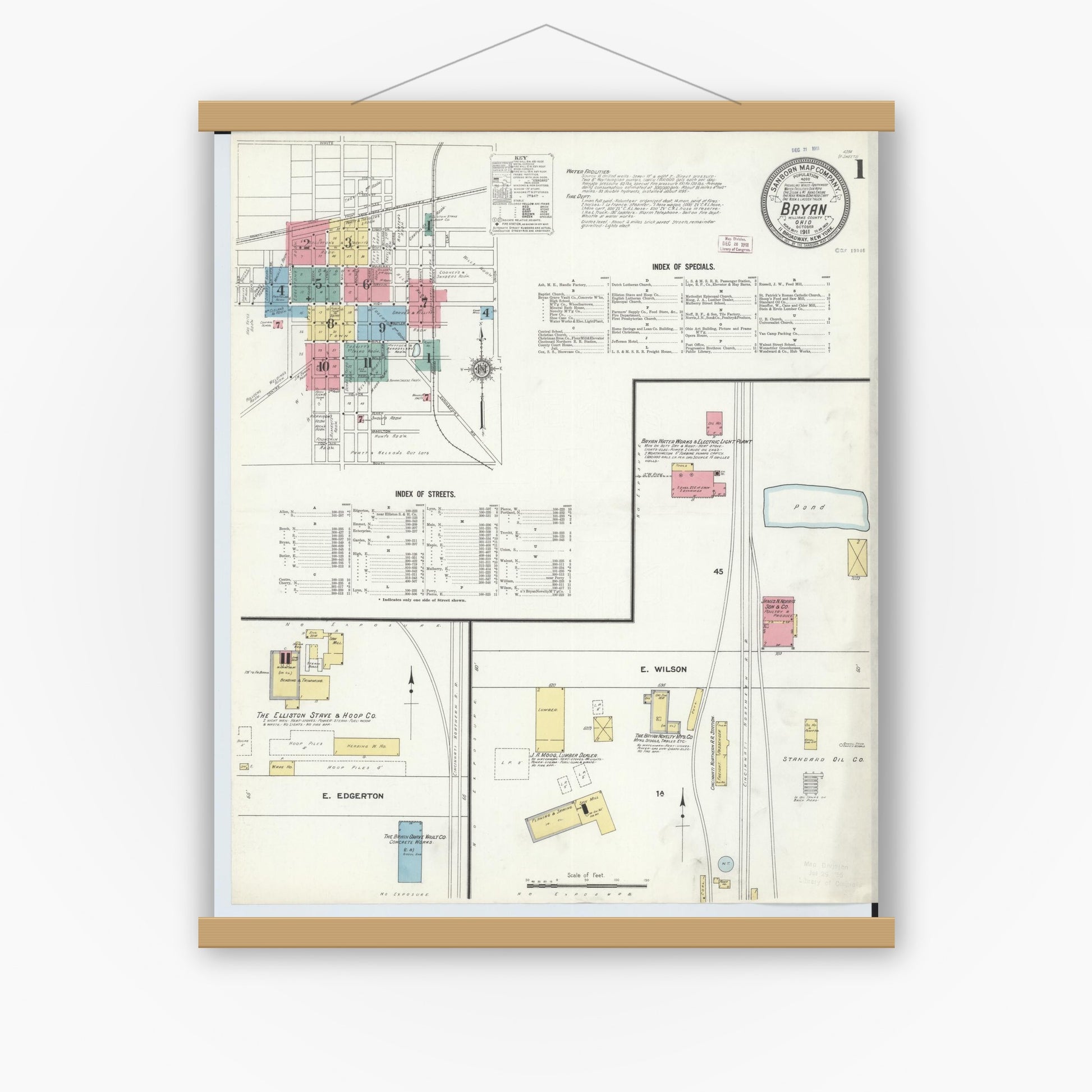 Old map wall art mockup — magnetic wood frame on white wall — Sanborn Fire Insurance Map from Bryan, Williams County, Ohio (1911), Sheet #0001