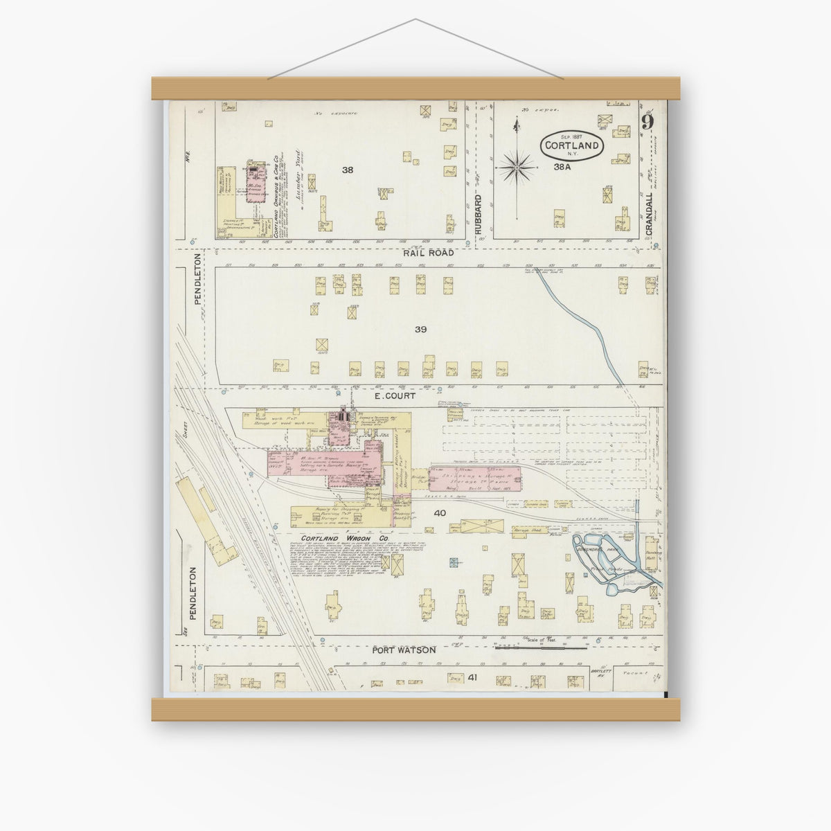 Old map wall art mockup — magnetic wood frame on white wall — Sanborn Fire Insurance Map from Cortland, Cortland County, New York (1887), Sheet #0009
