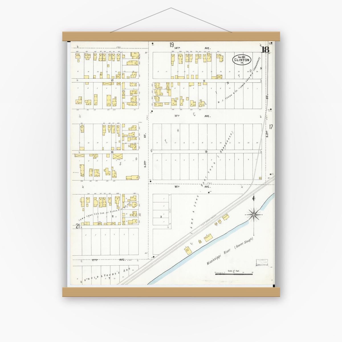 Old map wall art mockup — magnetic wood frame on white wall — Sanborn Fire Insurance Map from Clinton, Clinton County, Iowa (1902), Sheet #0018