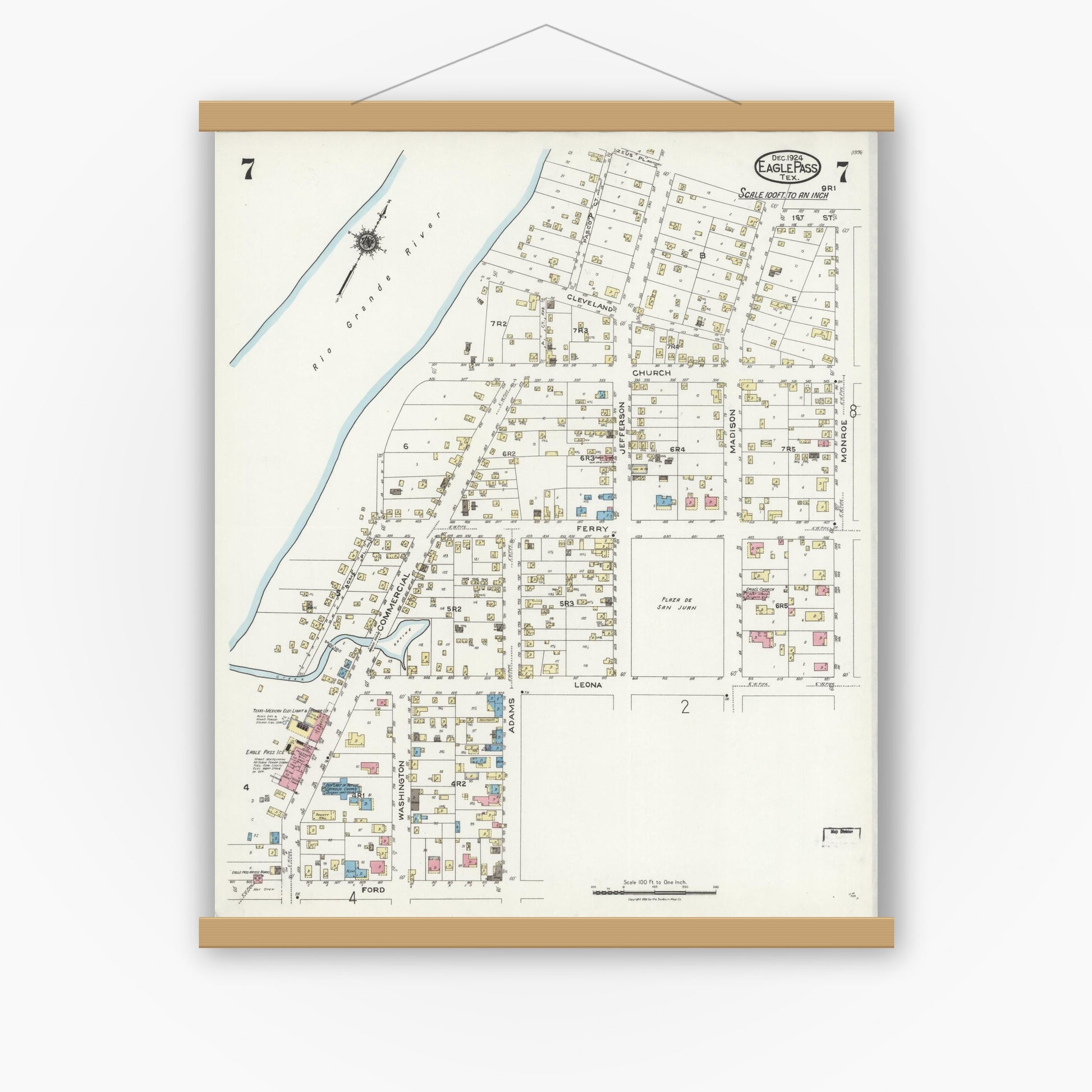 Old map wall art mockup — magnetic wood frame on white wall — Sanborn Fire Insurance Map from Eagle Pass, Maverick County, Texas (1924), Sheet #0007