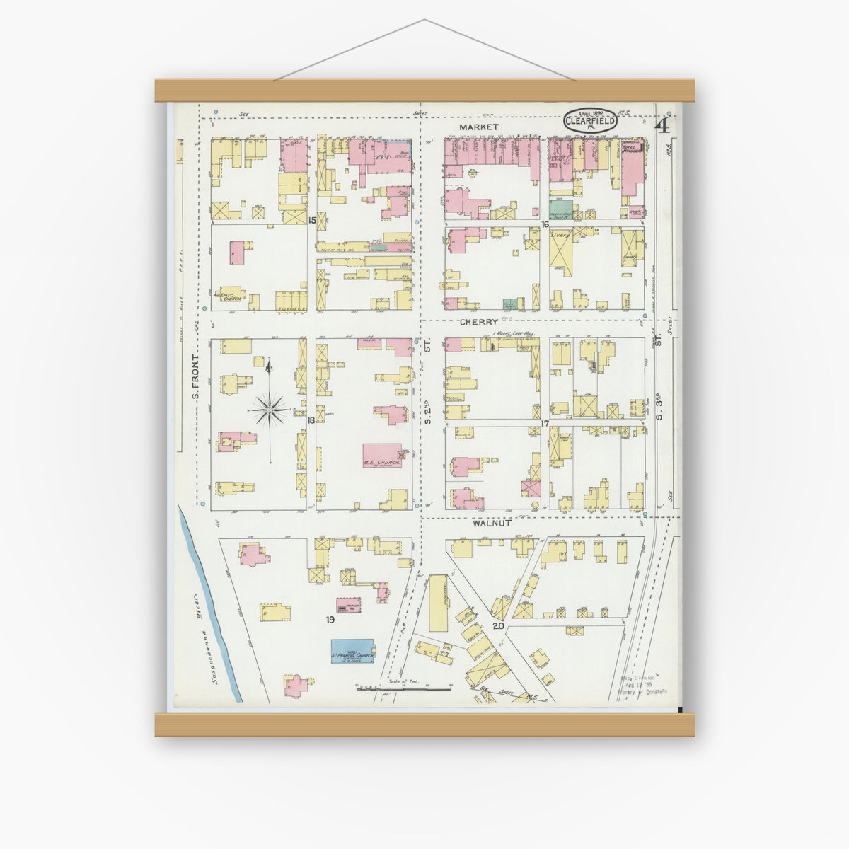 Old map wall art mockup — magnetic wood frame on white wall — Sanborn Fire Insurance Map from Clearfield, Clearfield County, Pennsylvania (1892), Sheet #0004