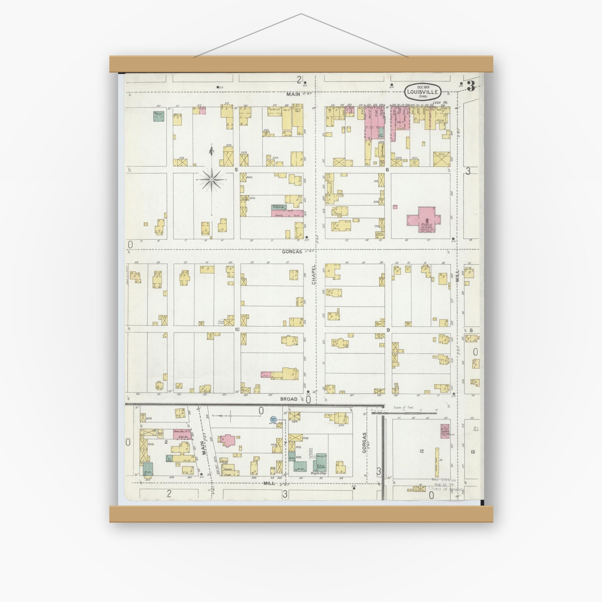 Old map wall art mockup — magnetic wood frame on white wall — Sanborn Fire Insurance Map from Louisville, Stark County, Ohio (1901), Sheet #0003