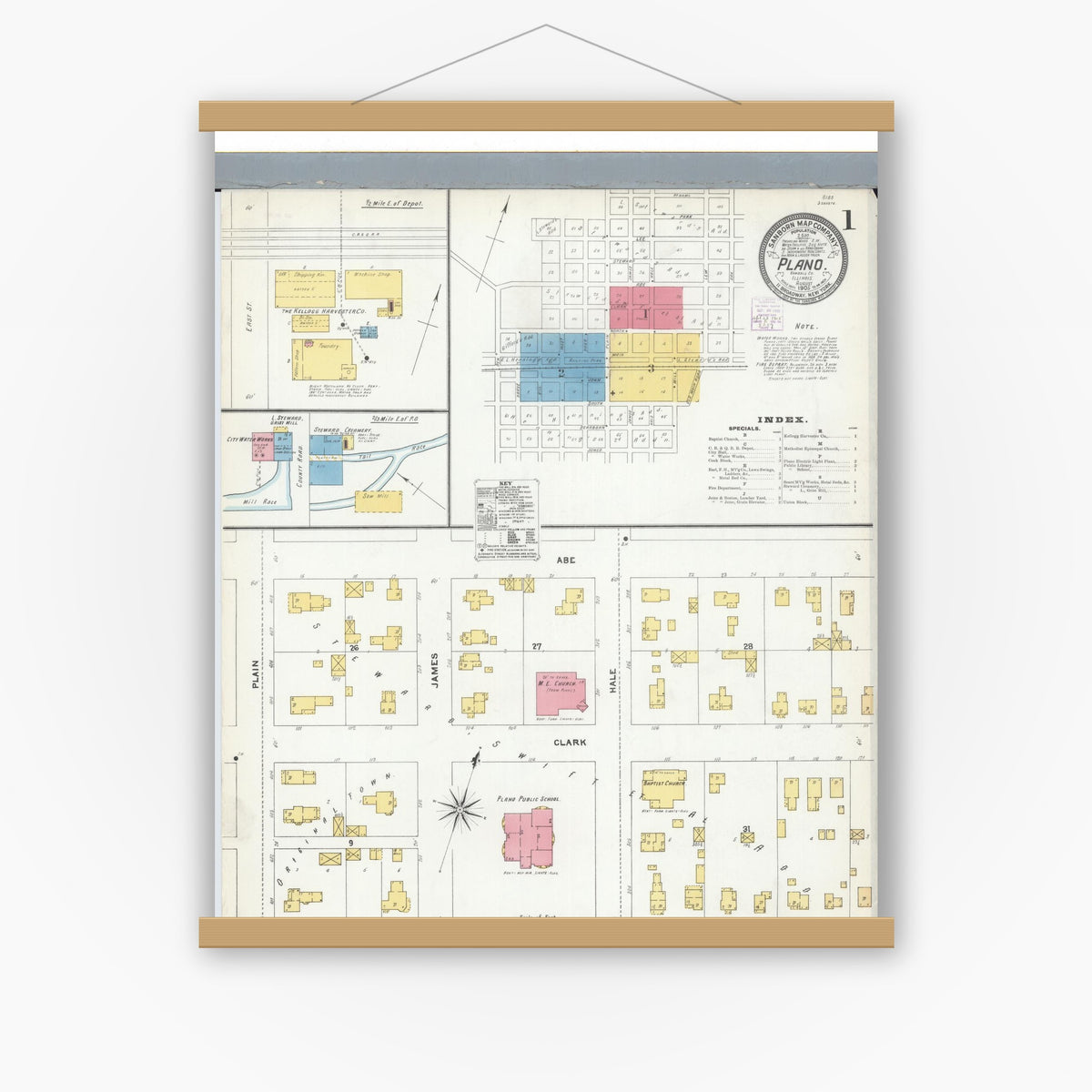 Old map wall art mockup — magnetic wood frame on white wall — Sanborn Fire Insurance Map from Plano, Kendall County, Illinois (1905), Sheet #0001