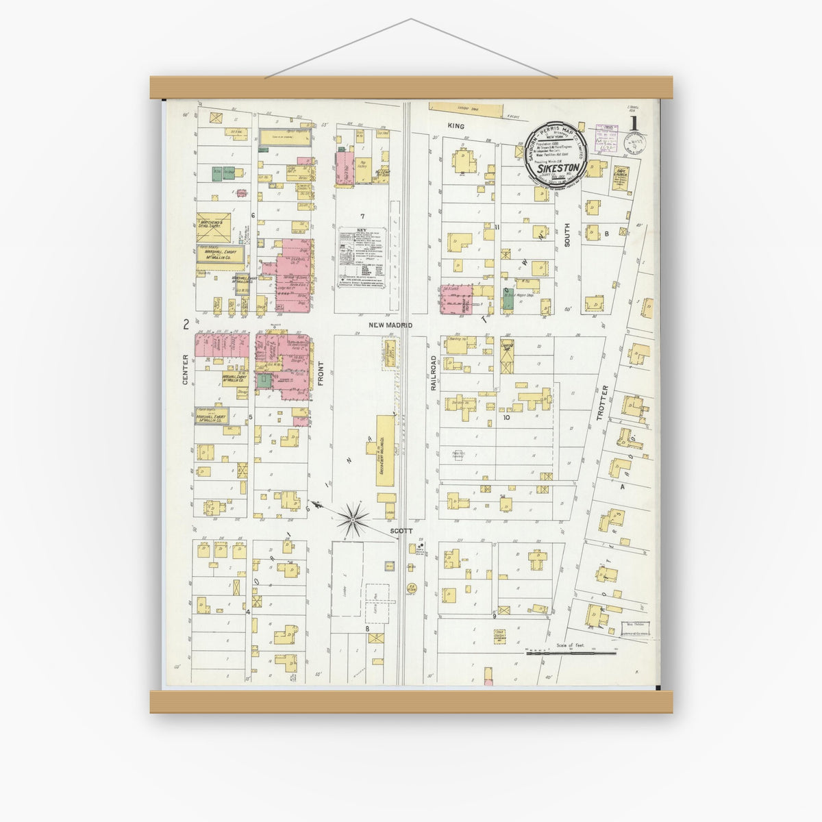 Old map wall art mockup — magnetic wood frame on white wall — Sanborn Fire Insurance Map from Sikeston, Scott County, Missouri (1901) - Complete Map Set