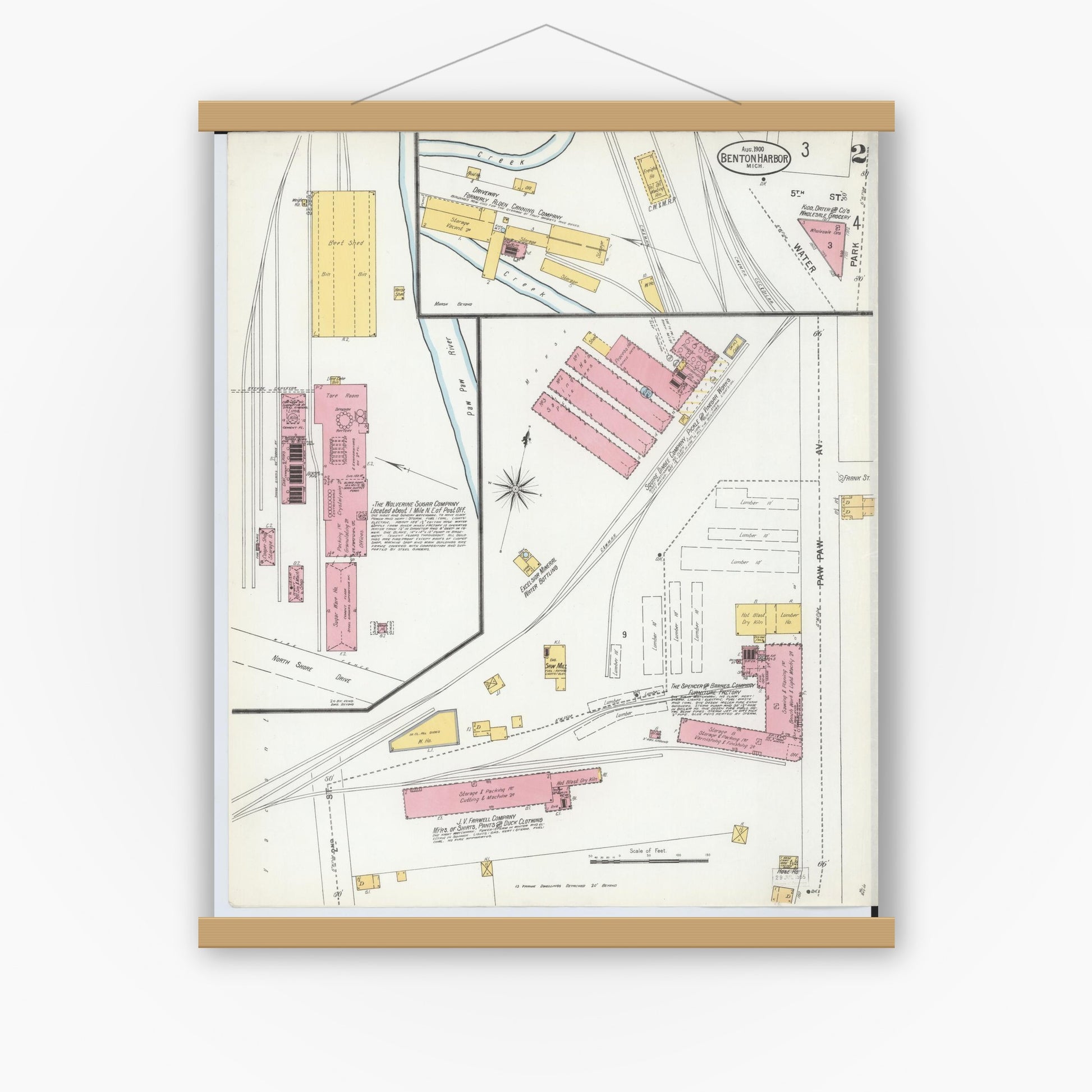 Old map wall art mockup — magnetic wood frame on white wall — Sanborn Fire Insurance Map from Benton Harbor, Berrien County, Michigan (1900), Sheet #0002