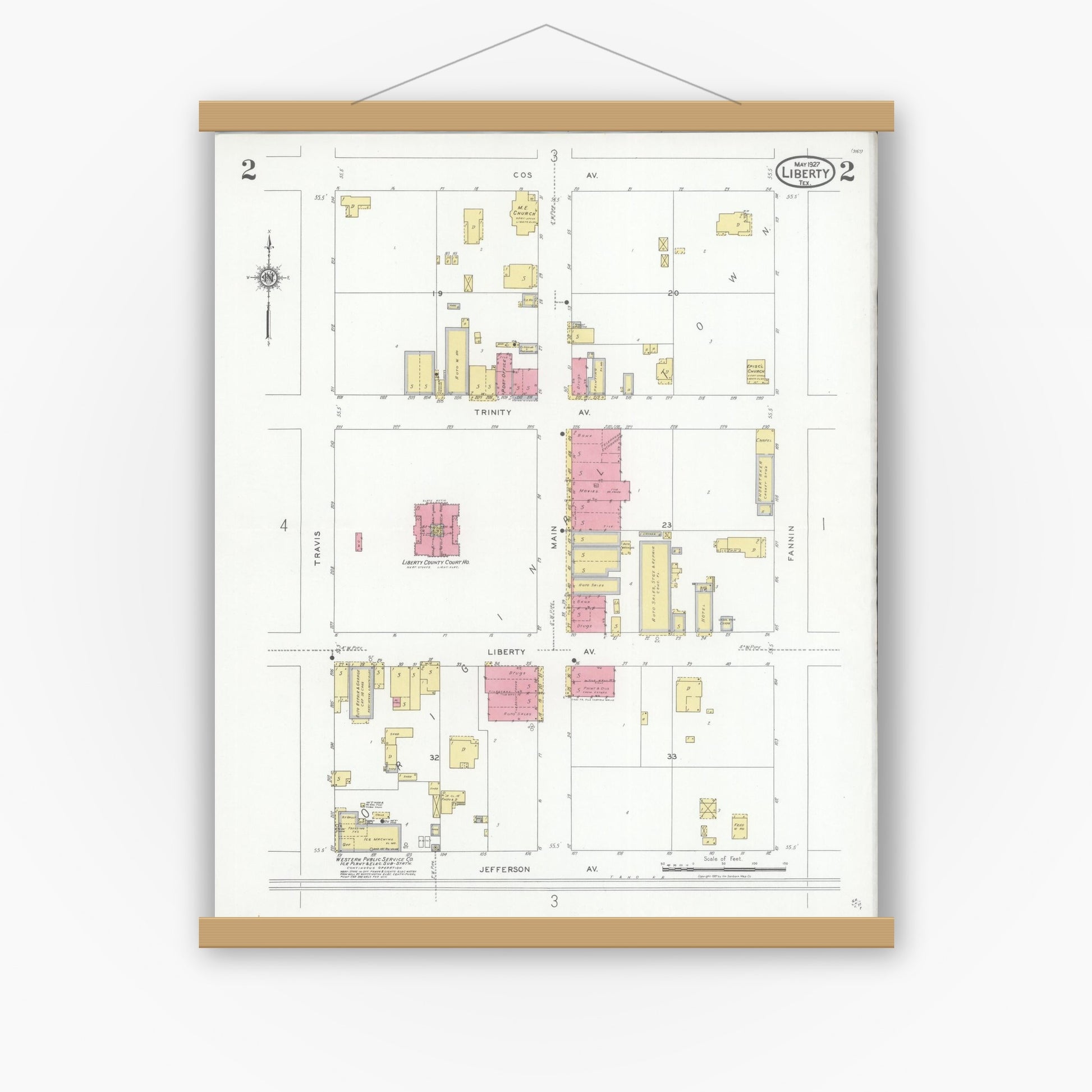 Old map wall art mockup — magnetic wood frame on white wall — Sanborn Fire Insurance Map from Liberty, Liberty County, Texas (1927), Sheet #0002