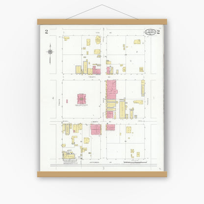 Old map wall art mockup — magnetic wood frame on white wall — Sanborn Fire Insurance Map from Liberty, Liberty County, Texas (1927), Sheet #0002