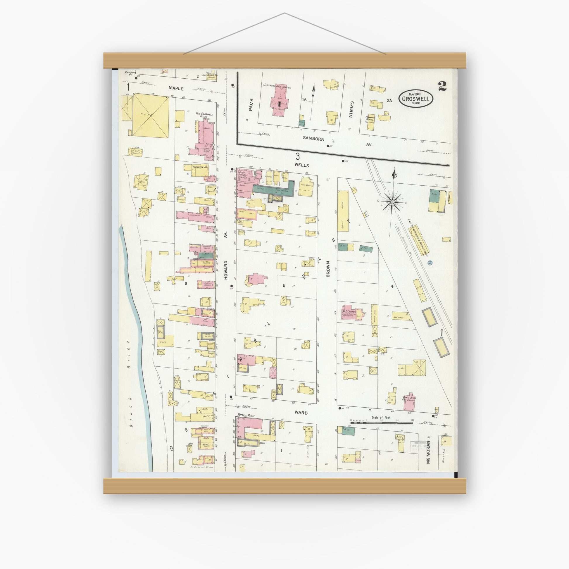 Old map wall art mockup — magnetic wood frame on white wall — Sanborn Fire Insurance Map from Croswell, Sanilac County, Michigan (1909), Sheet #0002