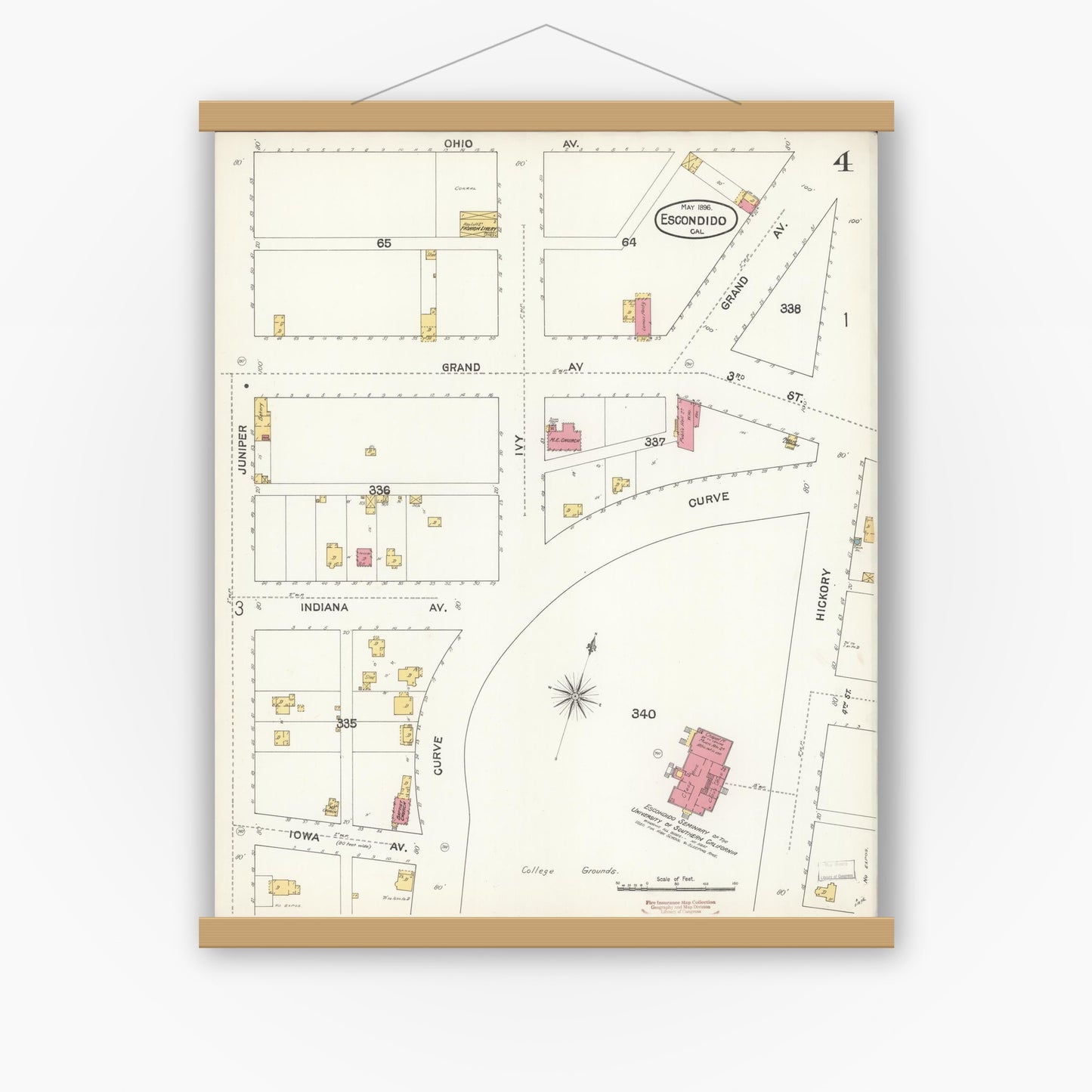 Old map wall art mockup — magnetic wood frame on white wall — Sanborn Fire Insurance Map from Escondido, San Diego County, California (1896), Sheet #0004