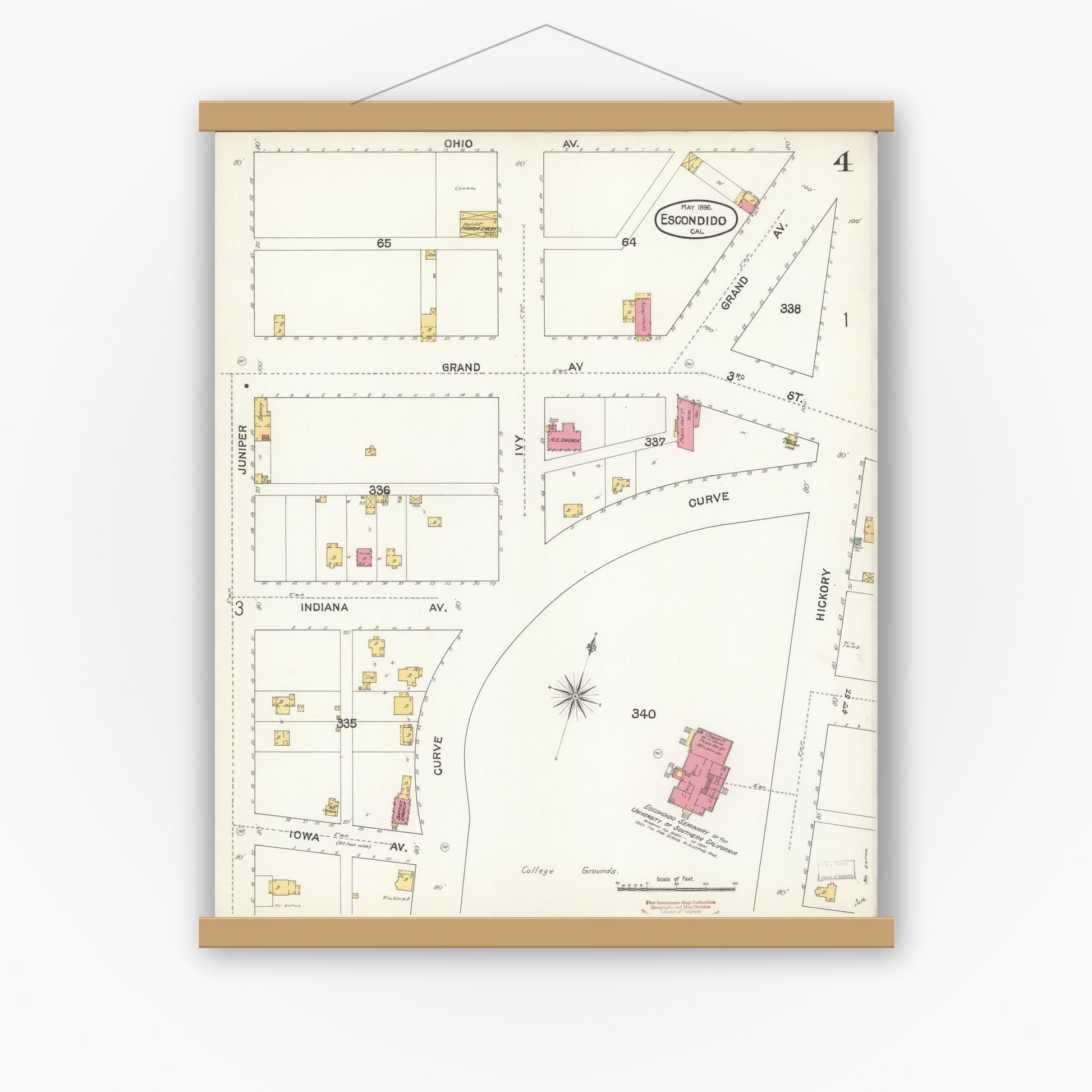 Old map wall art mockup — magnetic wood frame on white wall — Sanborn Fire Insurance Map from Escondido, San Diego County, California (1896), Sheet #0004