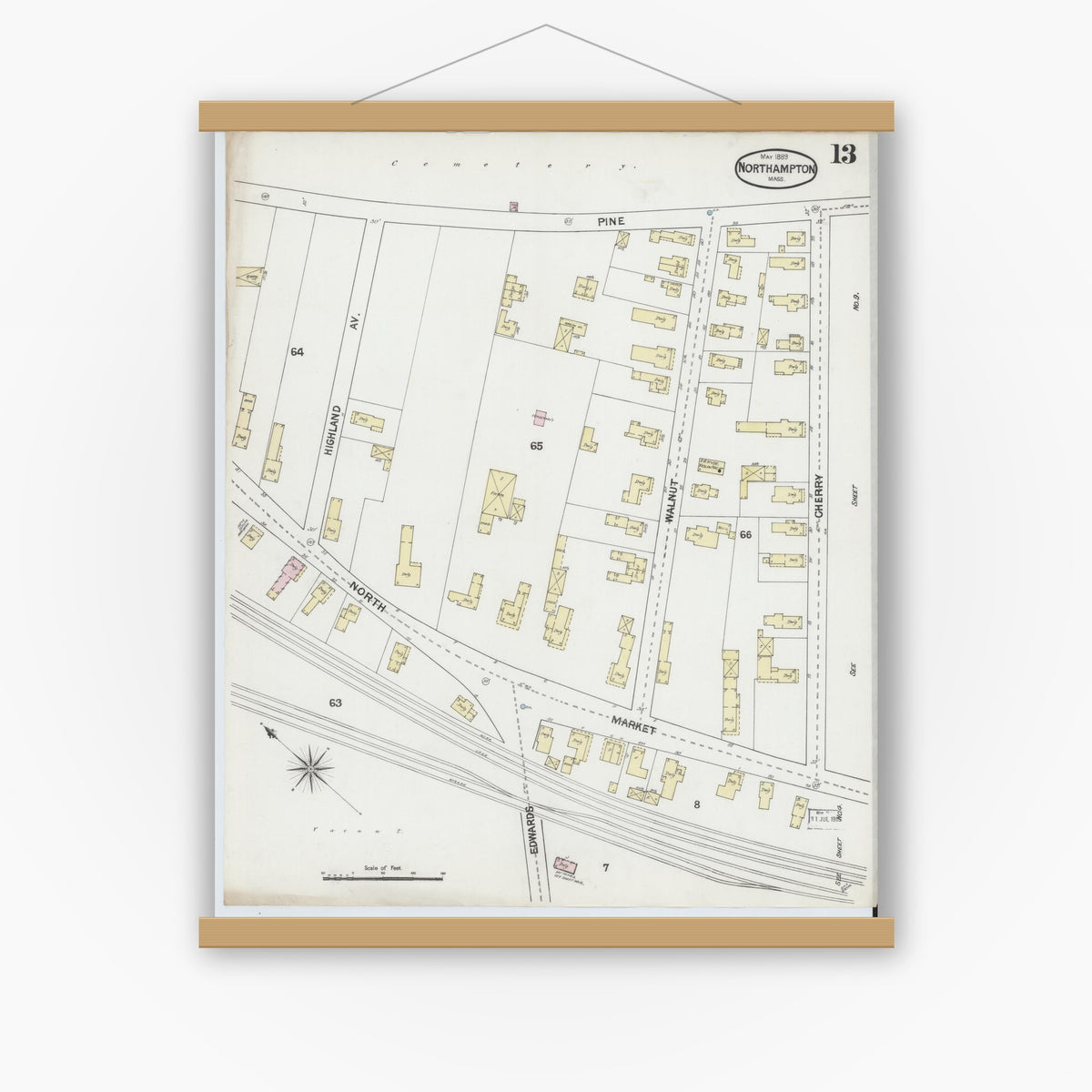 Old map wall art mockup — magnetic wood frame on white wall — Sanborn Fire Insurance Map from Northampton, Hampshire County, Massachusetts (1889), Sheet #0013