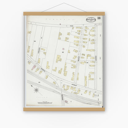 Old map wall art mockup — magnetic wood frame on white wall — Sanborn Fire Insurance Map from Northampton, Hampshire County, Massachusetts (1889), Sheet #0013