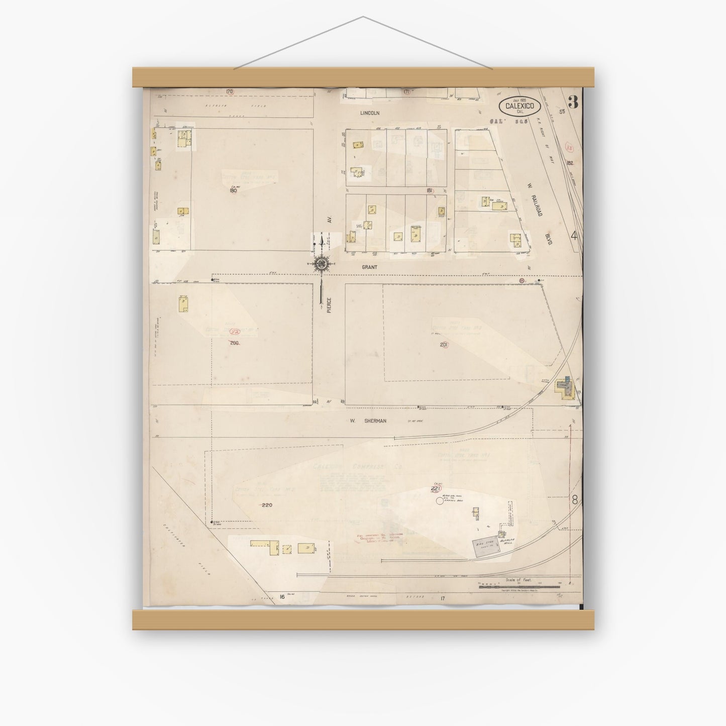 Old map wall art mockup — magnetic wood frame on white wall — Sanborn Fire Insurance Map from Calexico, Imperial County, California (1949), Sheet #0003