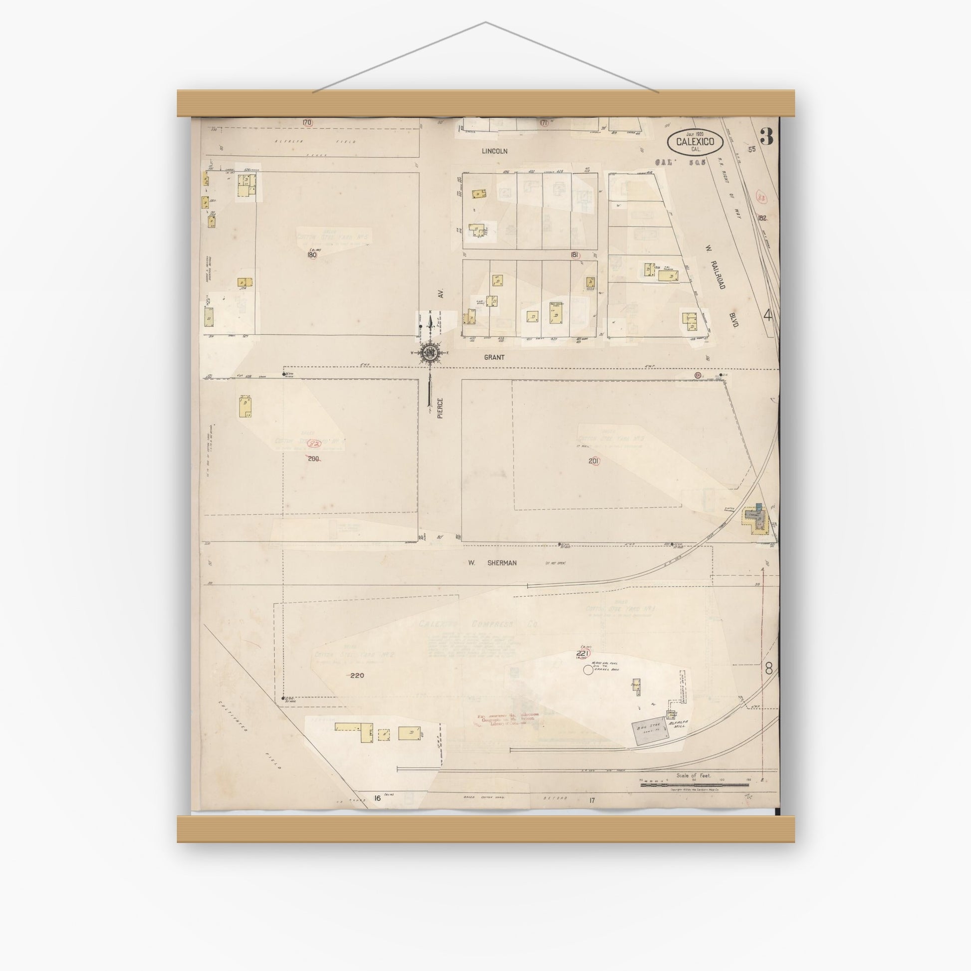 Old map wall art mockup — magnetic wood frame on white wall — Sanborn Fire Insurance Map from Calexico, Imperial County, California (1949), Sheet #0003
