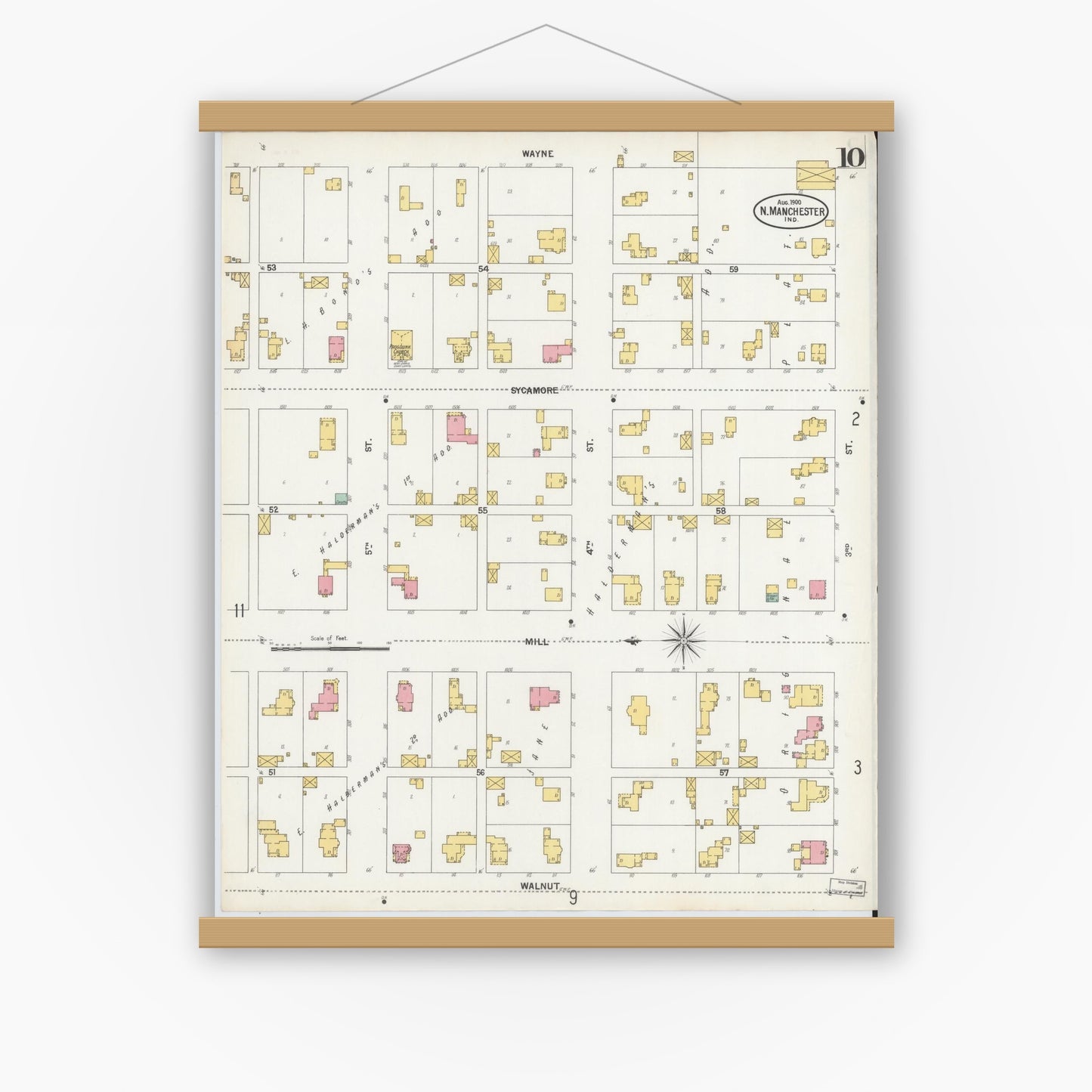 Old map wall art mockup — magnetic wood frame on white wall — Sanborn Fire Insurance Map from North Manchester, Wabash County, Indiana (1900), Sheet #0010
