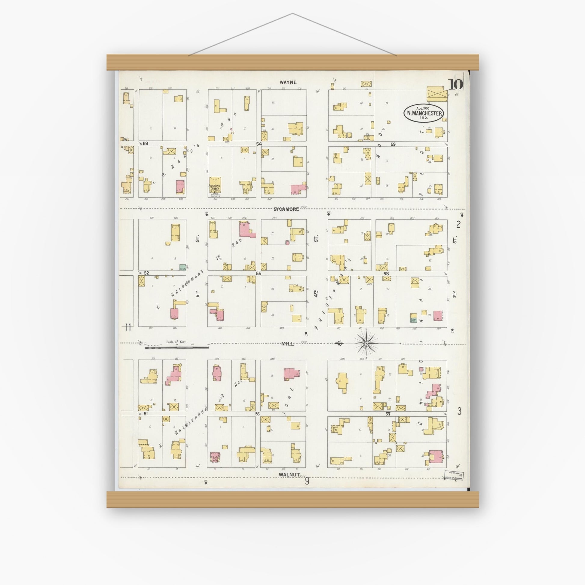 Old map wall art mockup — magnetic wood frame on white wall — Sanborn Fire Insurance Map from North Manchester, Wabash County, Indiana (1900), Sheet #0010