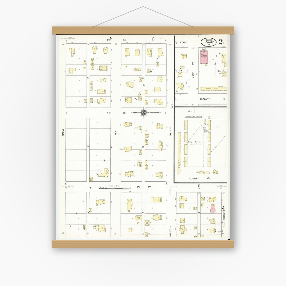 Old map wall art mockup — magnetic wood frame on white wall — Sanborn Fire Insurance Map from Osage, Mitchell County, Iowa (1911), Sheet #0002