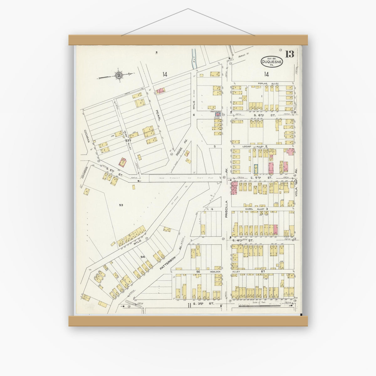 Old map wall art mockup — magnetic wood frame on white wall — Sanborn Fire Insurance Map from Duquesne, Allegheny County, Pennsylvania (1911), Sheet #0013
