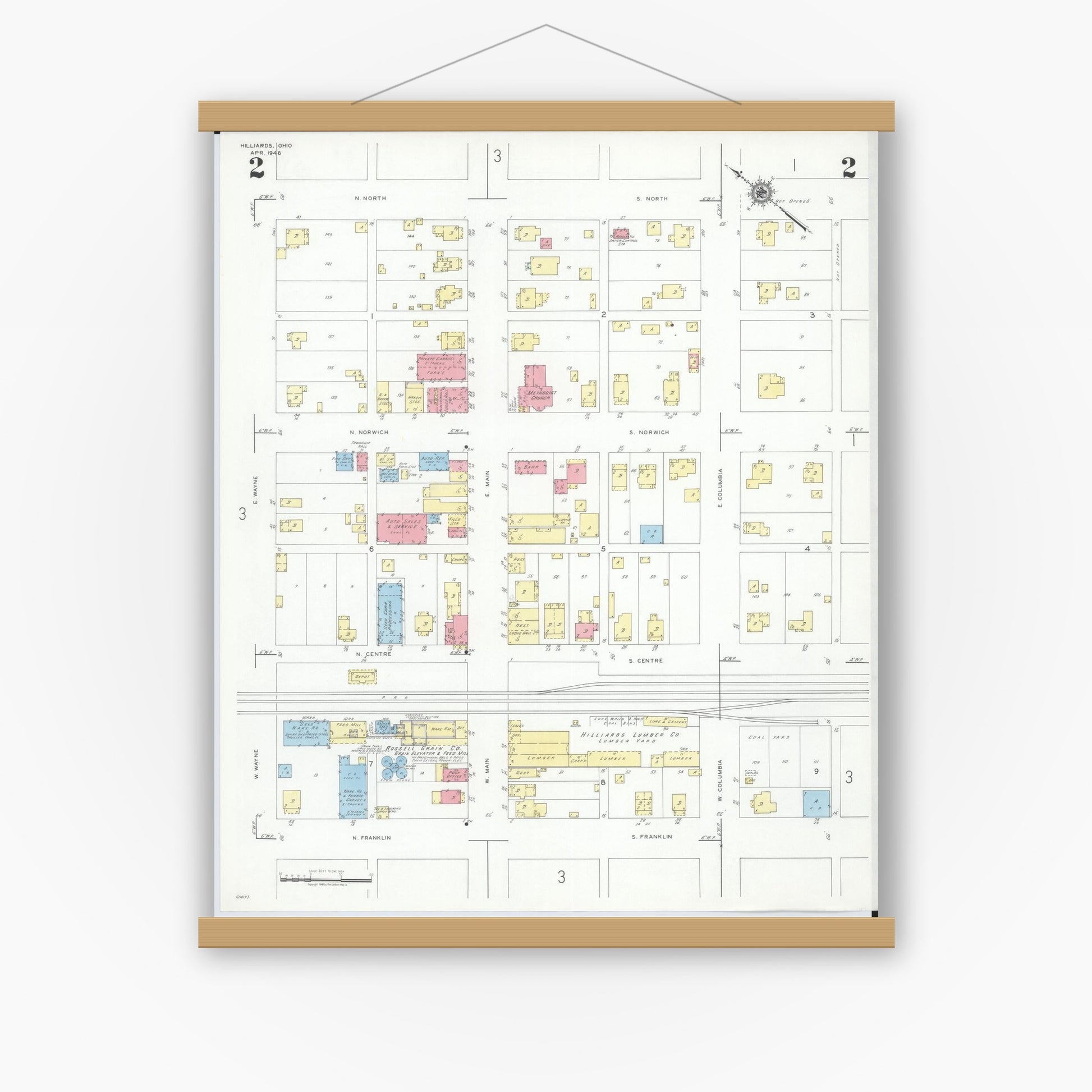 Old map wall art mockup — magnetic wood frame on white wall — Sanborn Fire Insurance Map from Hilliards, Franklin County, Ohio (1946), Sheet #0002