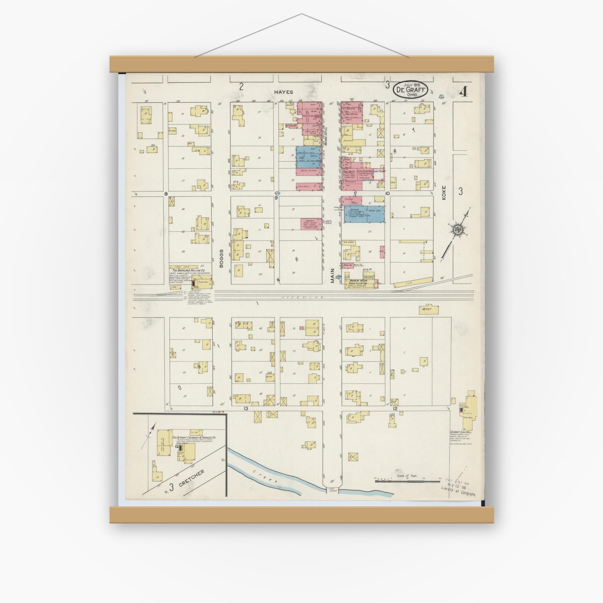 Old map wall art mockup — magnetic wood frame on white wall — Sanborn Fire Insurance Map from Degraff, Logan County, Ohio (1915), Sheet #0004