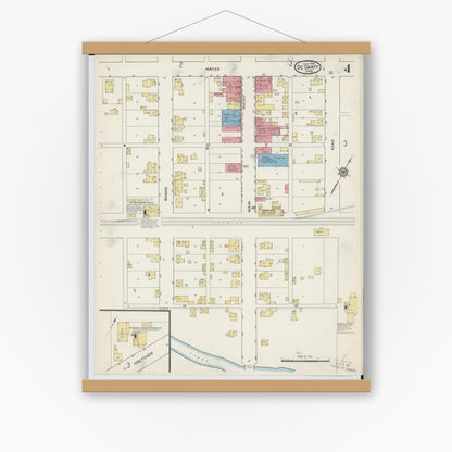 Old map wall art mockup — magnetic wood frame on white wall — Sanborn Fire Insurance Map from Degraff, Logan County, Ohio (1915), Sheet #0004