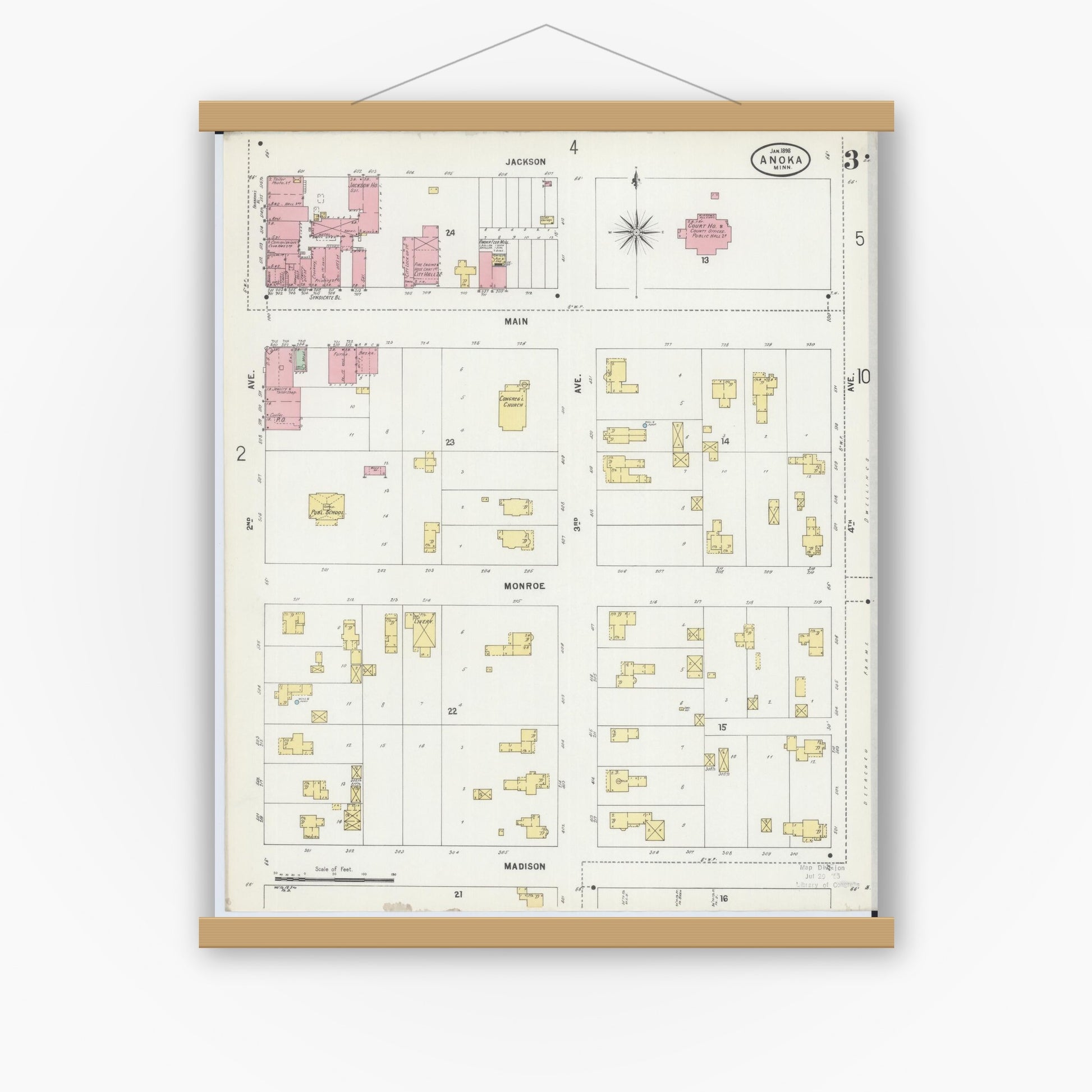 Old map wall art mockup — magnetic wood frame on white wall — Sanborn Fire Insurance Map from Anoka, Anoka County, Minnesota (1898), Sheet #0003