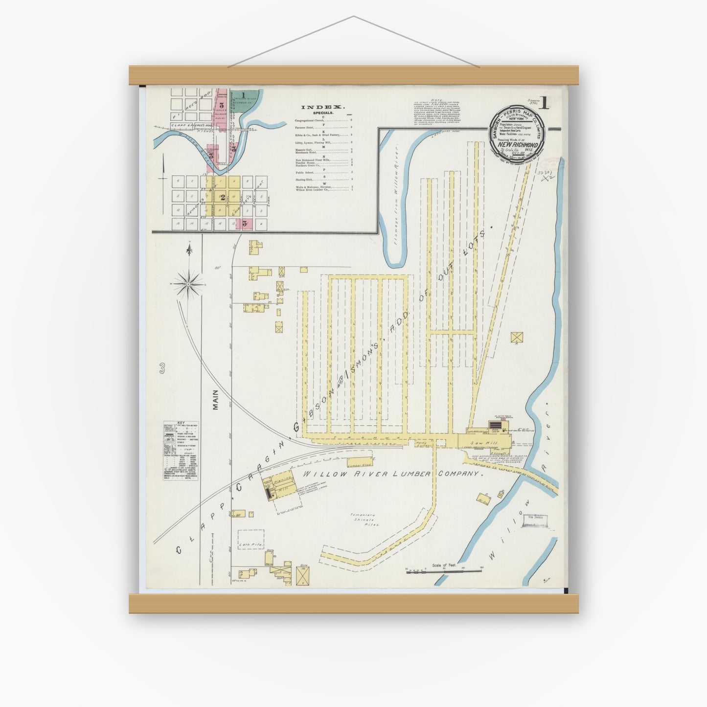 Old map wall art mockup — magnetic wood frame on white wall — Sanborn Fire Insurance Map from New Richmond, St. Croix County, Wisconsin (1892) - Complete Map Set