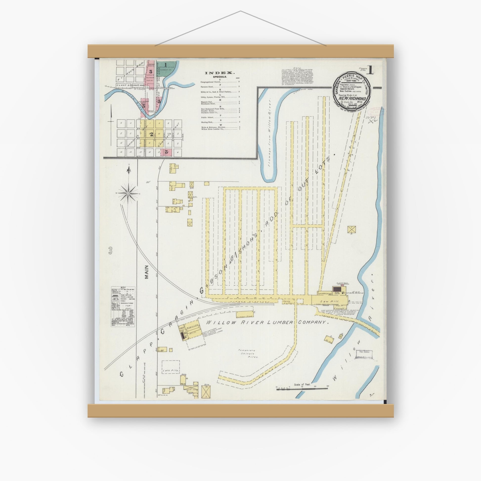 Old map wall art mockup — magnetic wood frame on white wall — Sanborn Fire Insurance Map from New Richmond, St. Croix County, Wisconsin (1892) - Complete Map Set