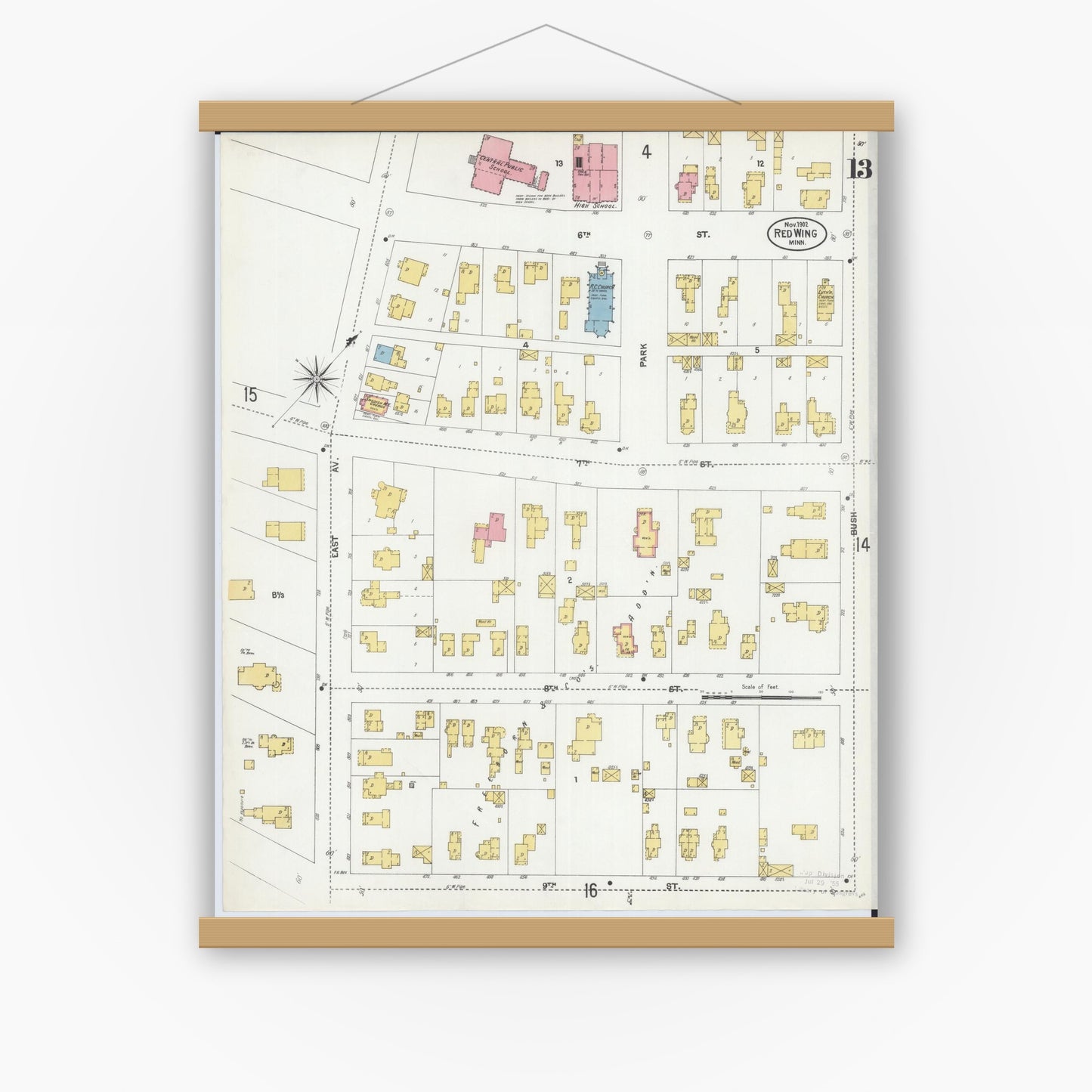 Old map wall art mockup — magnetic wood frame on white wall — Sanborn Fire Insurance Map from Red Wing, Goodhue County, Minnesota (1902), Sheet #0013