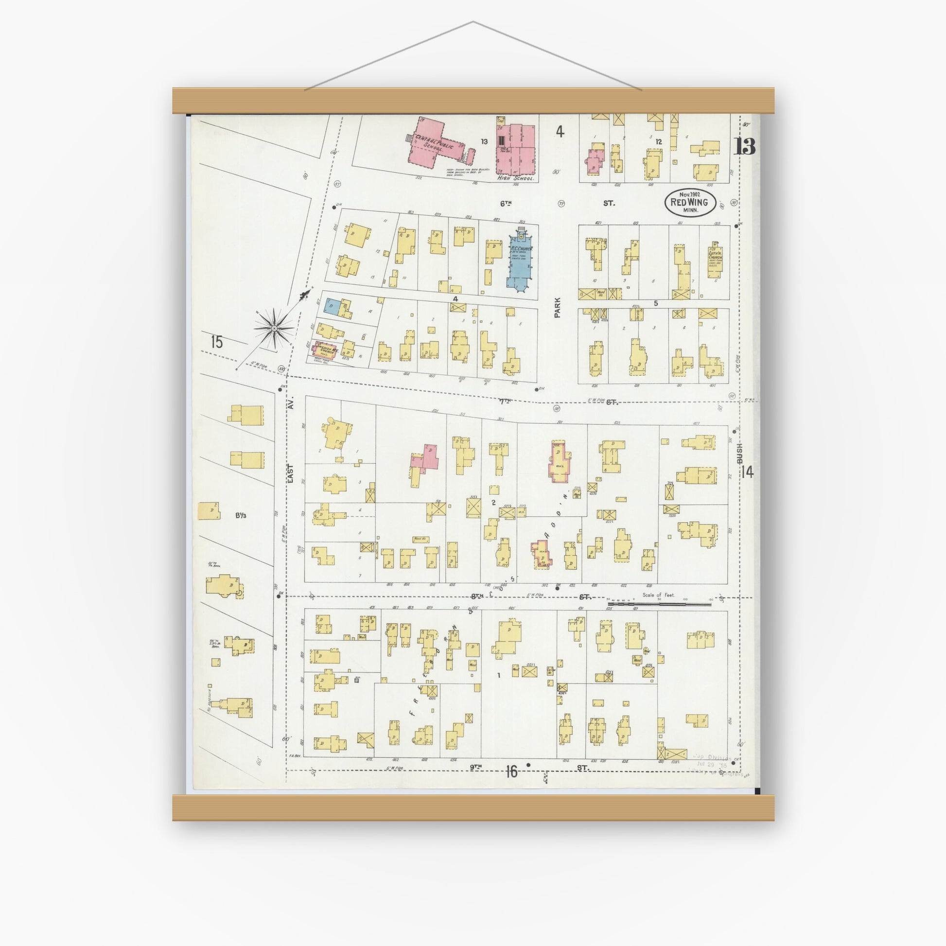 Old map wall art mockup — magnetic wood frame on white wall — Sanborn Fire Insurance Map from Red Wing, Goodhue County, Minnesota (1902), Sheet #0013