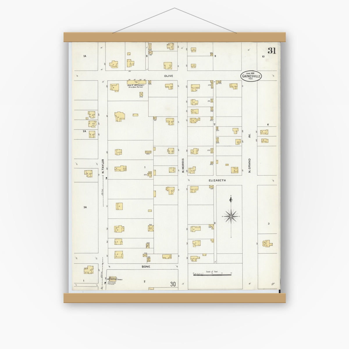 Old map wall art mockup — magnetic wood frame on white wall — Sanborn Fire Insurance Map from Gainesville, Cooke County, Texas (1908), Sheet #0031