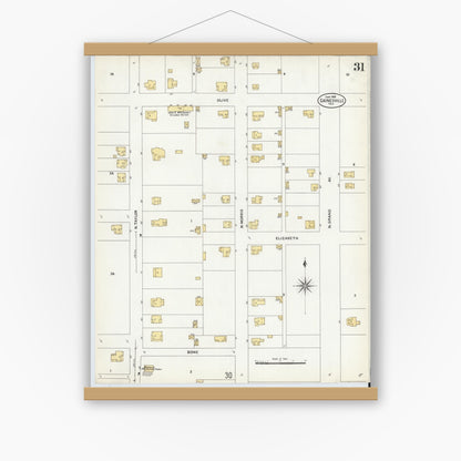 Old map wall art mockup — magnetic wood frame on white wall — Sanborn Fire Insurance Map from Gainesville, Cooke County, Texas (1908), Sheet #0031
