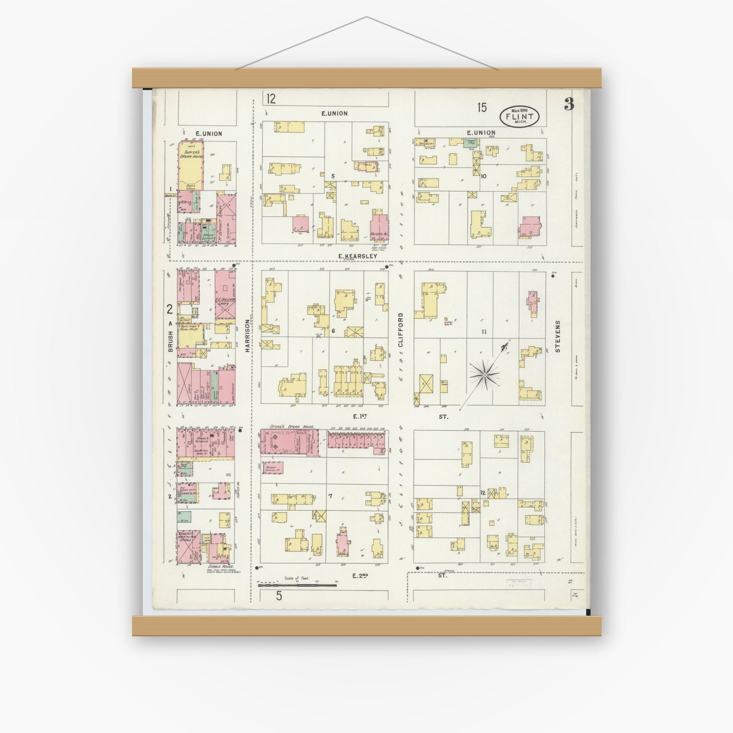 Old map wall art mockup — magnetic wood frame on white wall — Sanborn Fire Insurance Map from Flint, Genesee County, Michigan (1898), Sheet #0003