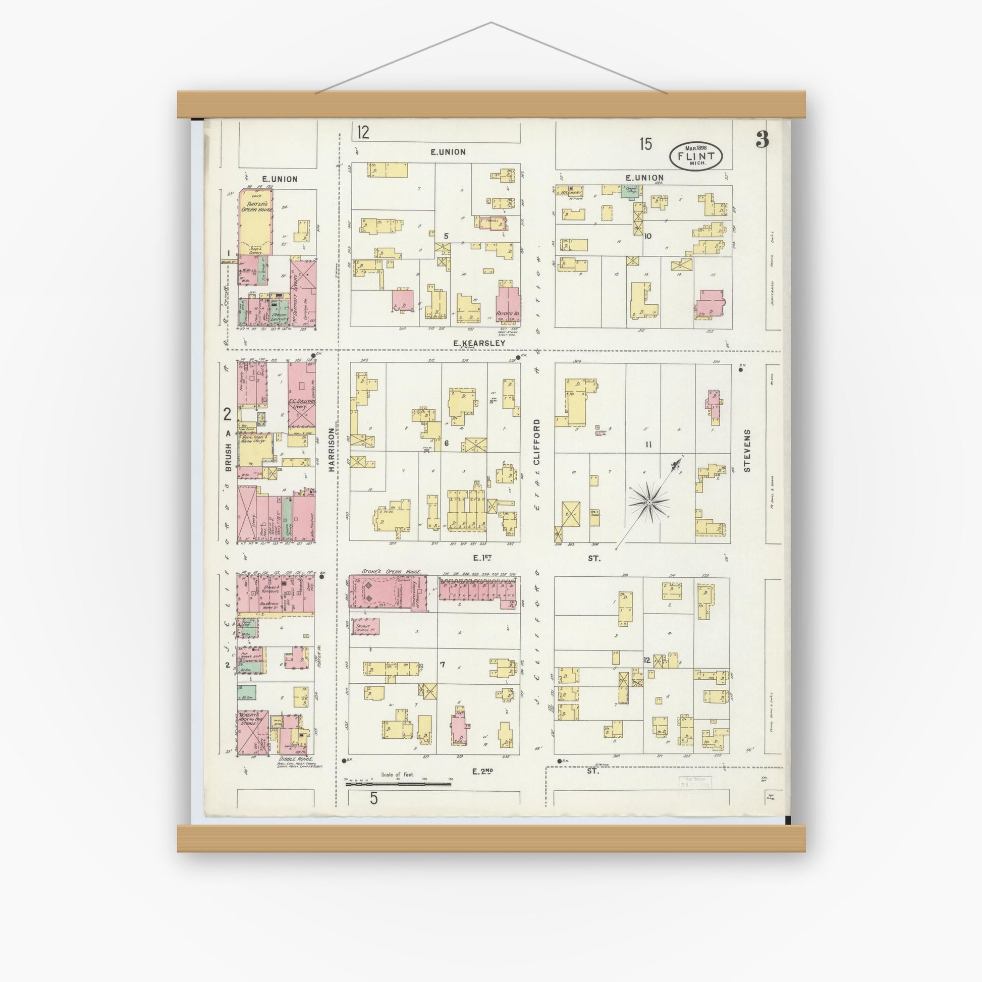 Old map wall art mockup — magnetic wood frame on white wall — Sanborn Fire Insurance Map from Flint, Genesee County, Michigan (1898), Sheet #0003