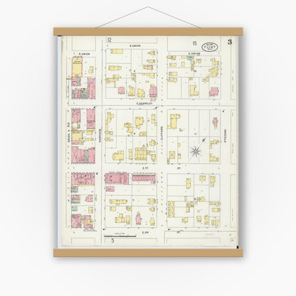 Old map wall art mockup — magnetic wood frame on white wall — Sanborn Fire Insurance Map from Flint, Genesee County, Michigan (1898), Sheet #0003