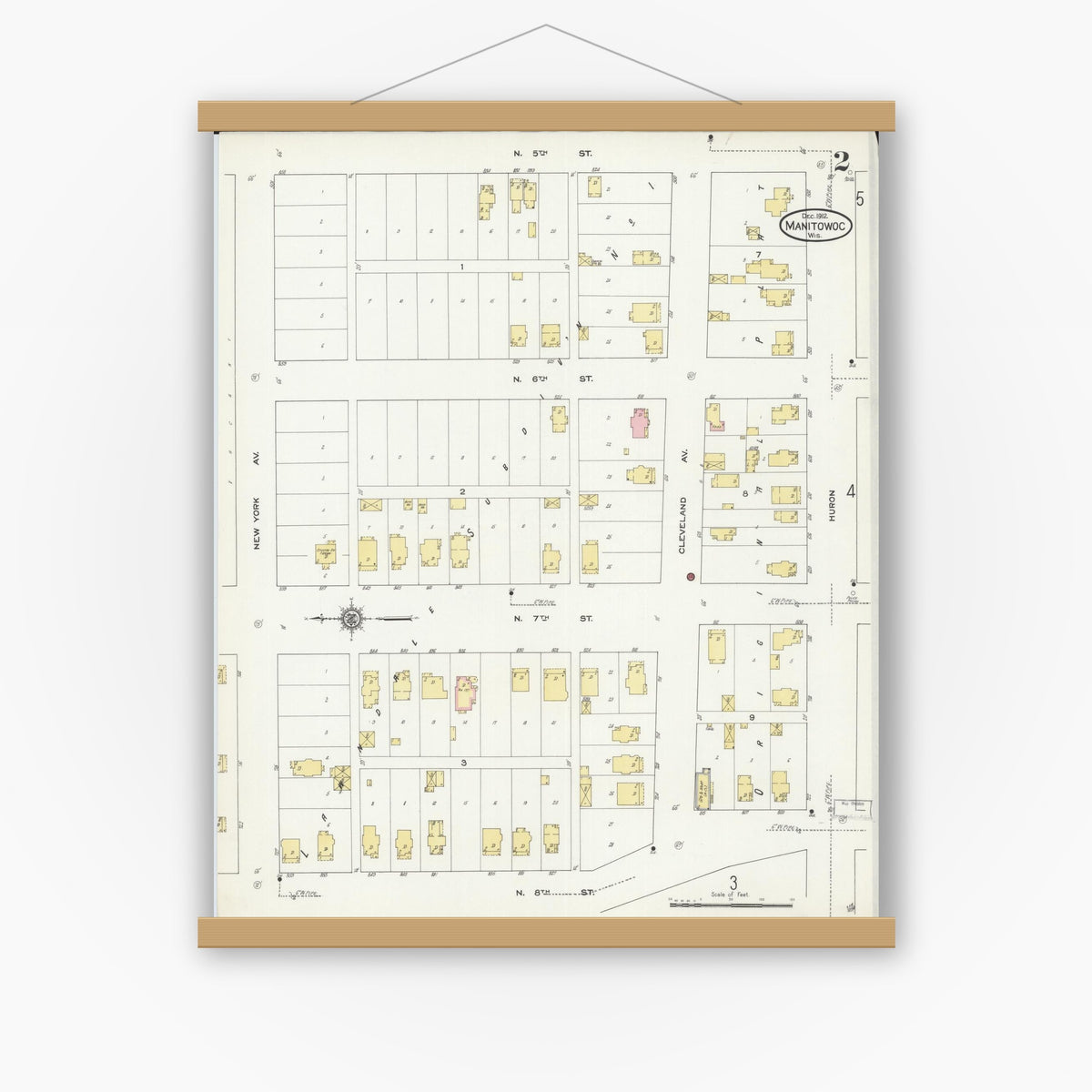 Old map wall art mockup — magnetic wood frame on white wall — Sanborn Fire Insurance Map from Manitowoc, Manitowoc County, Wisconsin (1912), Sheet #0002