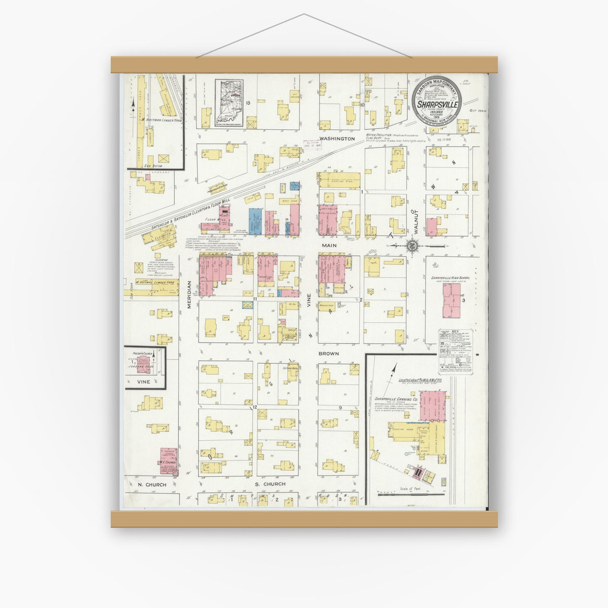 Old map wall art mockup — magnetic wood frame on white wall — Sanborn Fire Insurance Map from Sharpsville, Tipton County, Indiana (1915), Sheet #0001