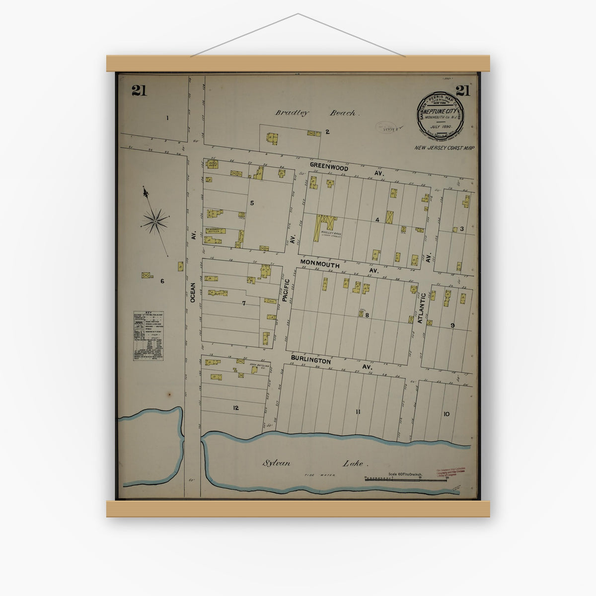 Old map wall art mockup — magnetic wood frame on white wall — Sanborn Fire Insurance Map from New Jersey Coast, New Jersey Coast, New Jersey (1890), Sheet #0021