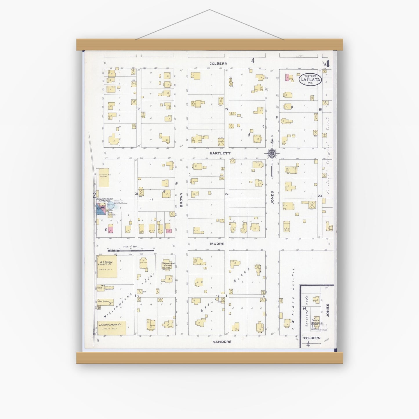 Old map wall art mockup — magnetic wood frame on white wall — Sanborn Fire Insurance Map from La Plata, Macon County, Missouri (1909), Sheet #0004