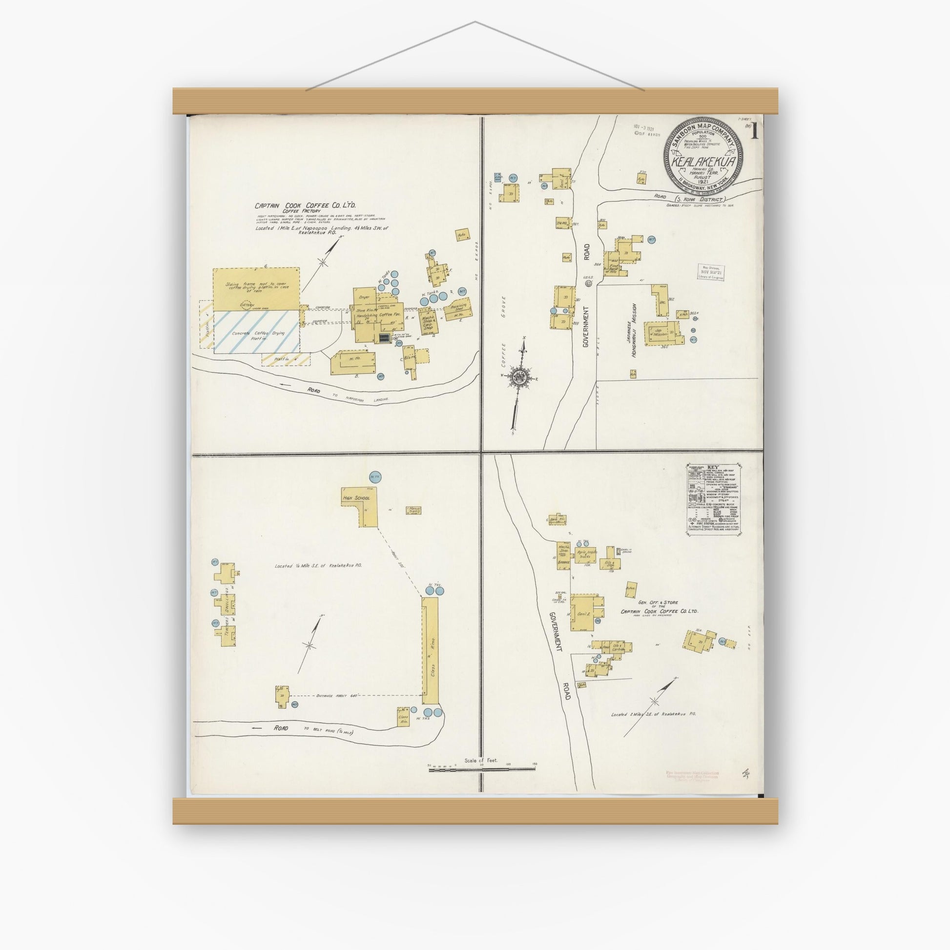 Old map wall art mockup — magnetic wood frame on white wall — Sanborn Fire Insurance Map from Kealakekua, Hawaii County, Hawaii (1921), Sheet #0001